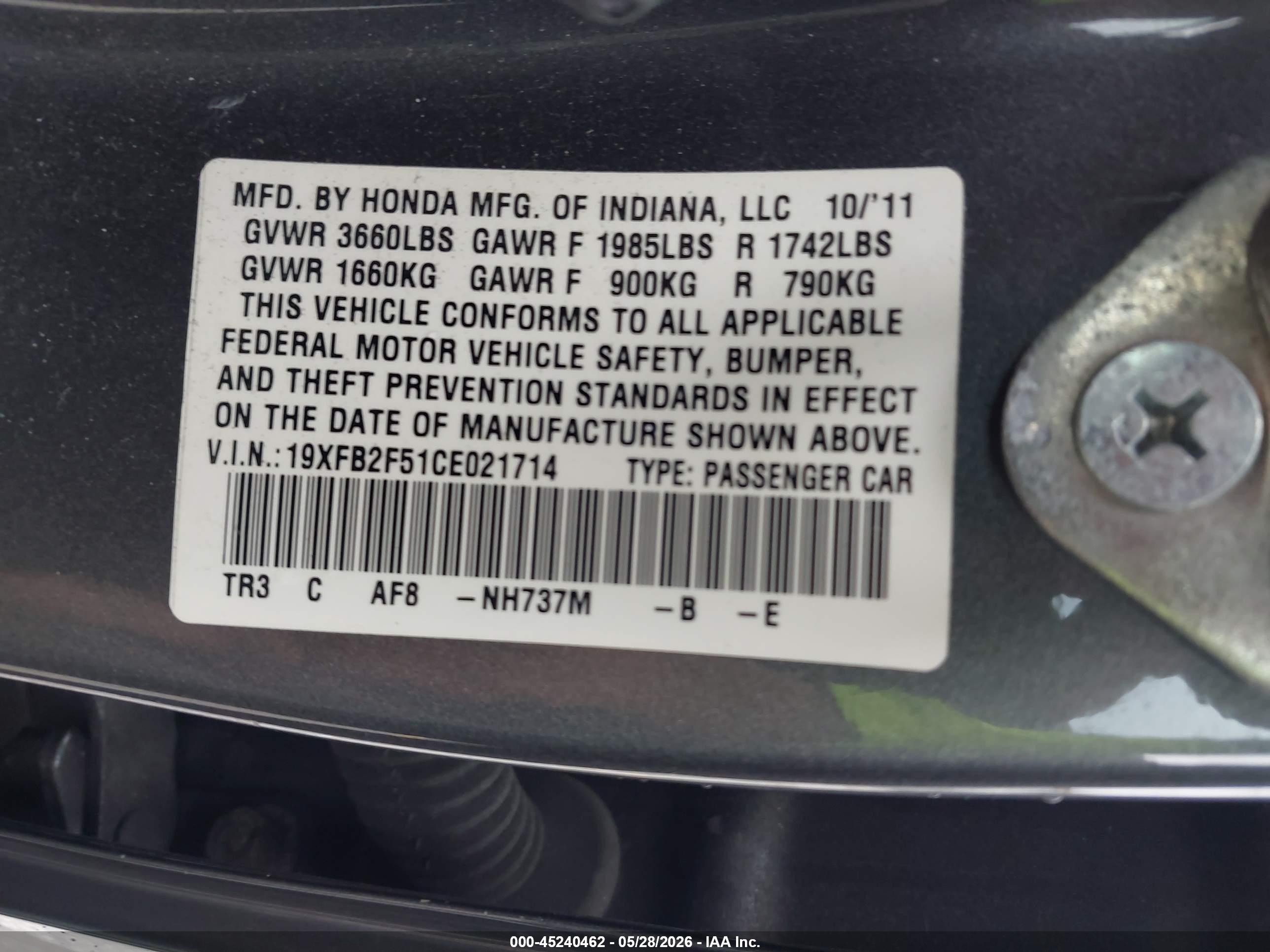 2012 Honda Civic Lx Gray vin: 19XFB2F51CE021714