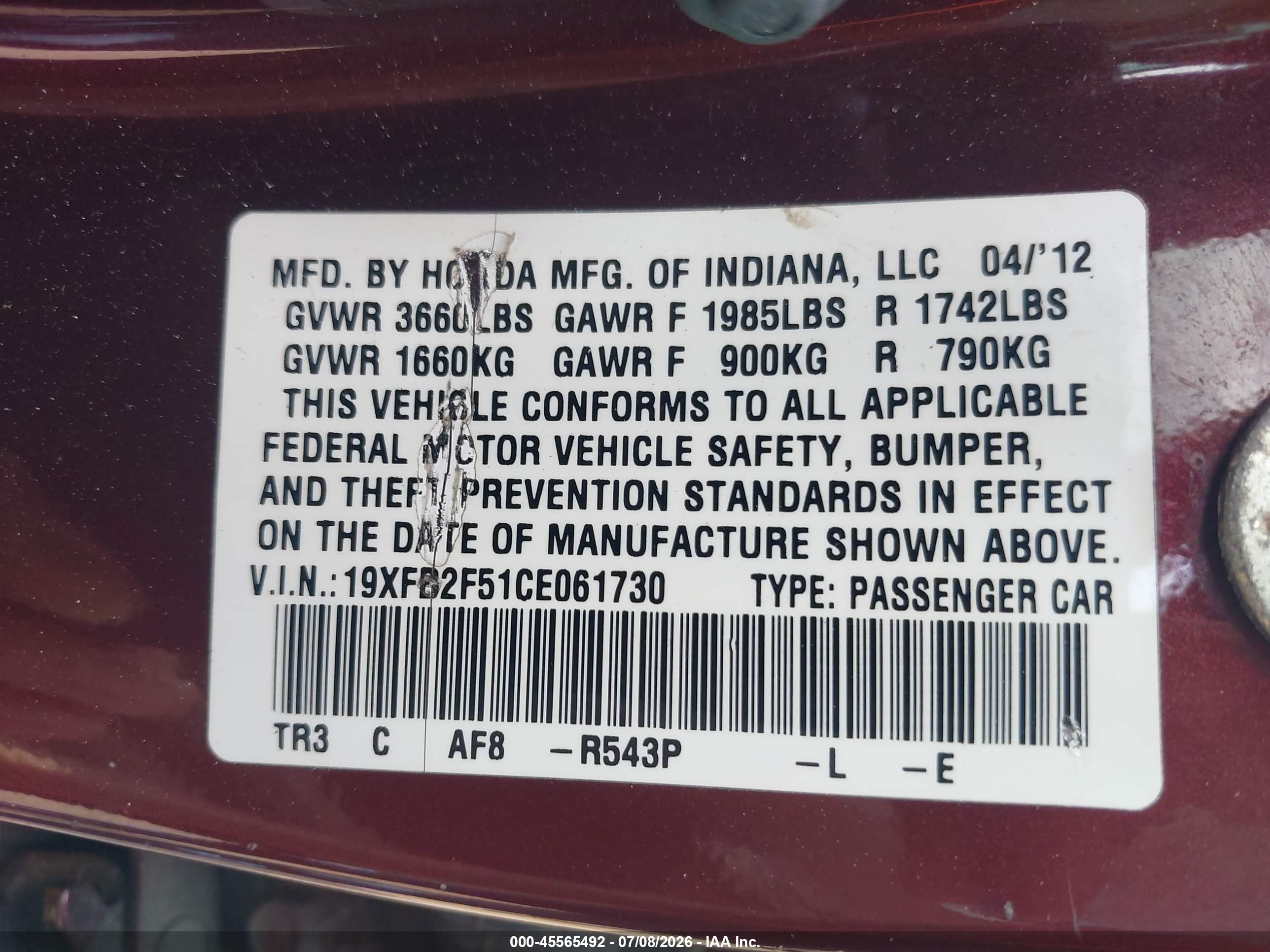 2012 Honda Civic Lx Burgundy vin: 19XFB2F51CE061730