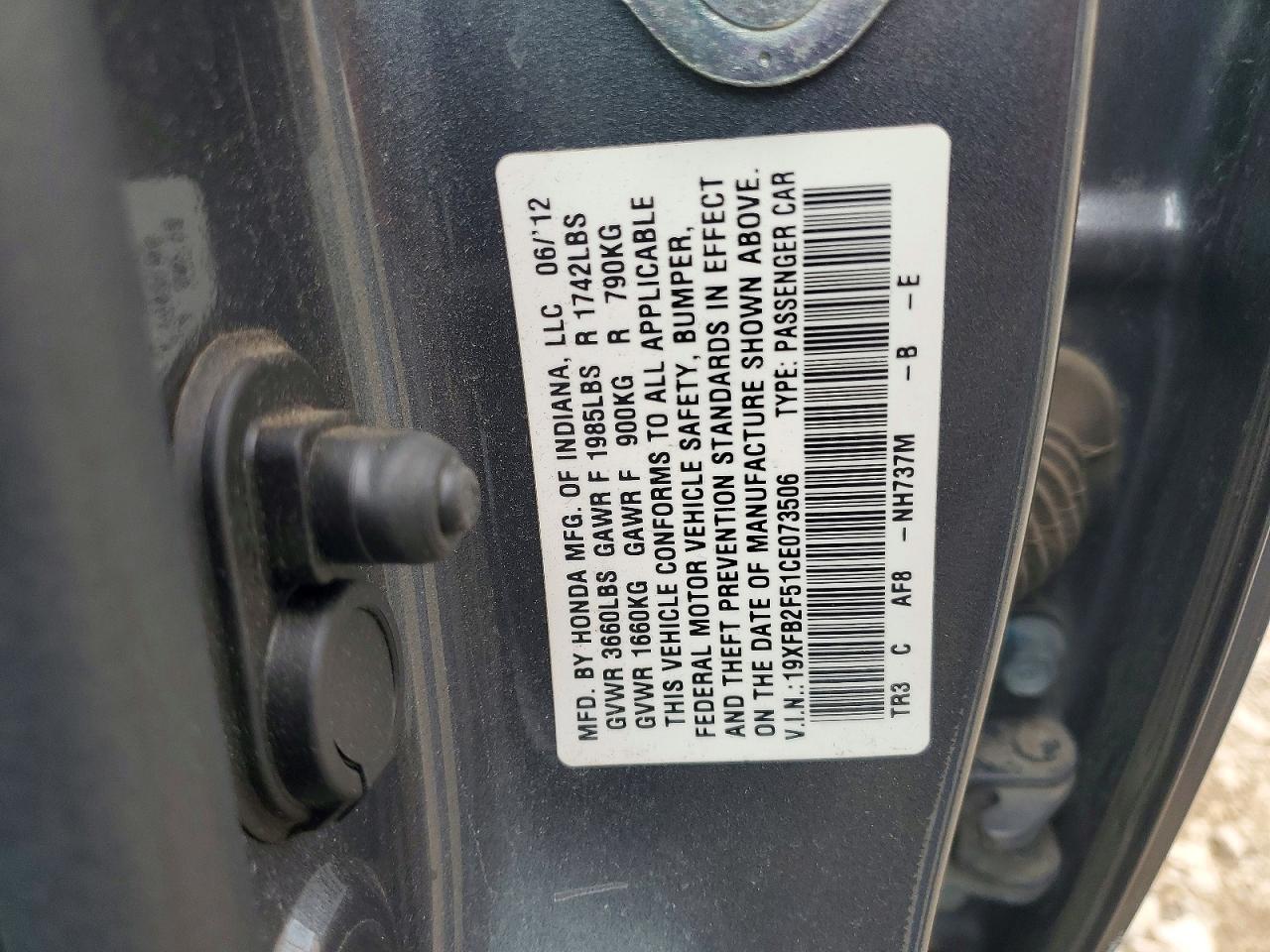 2012 Honda Civic Lx Gray vin: 19XFB2F51CE073506