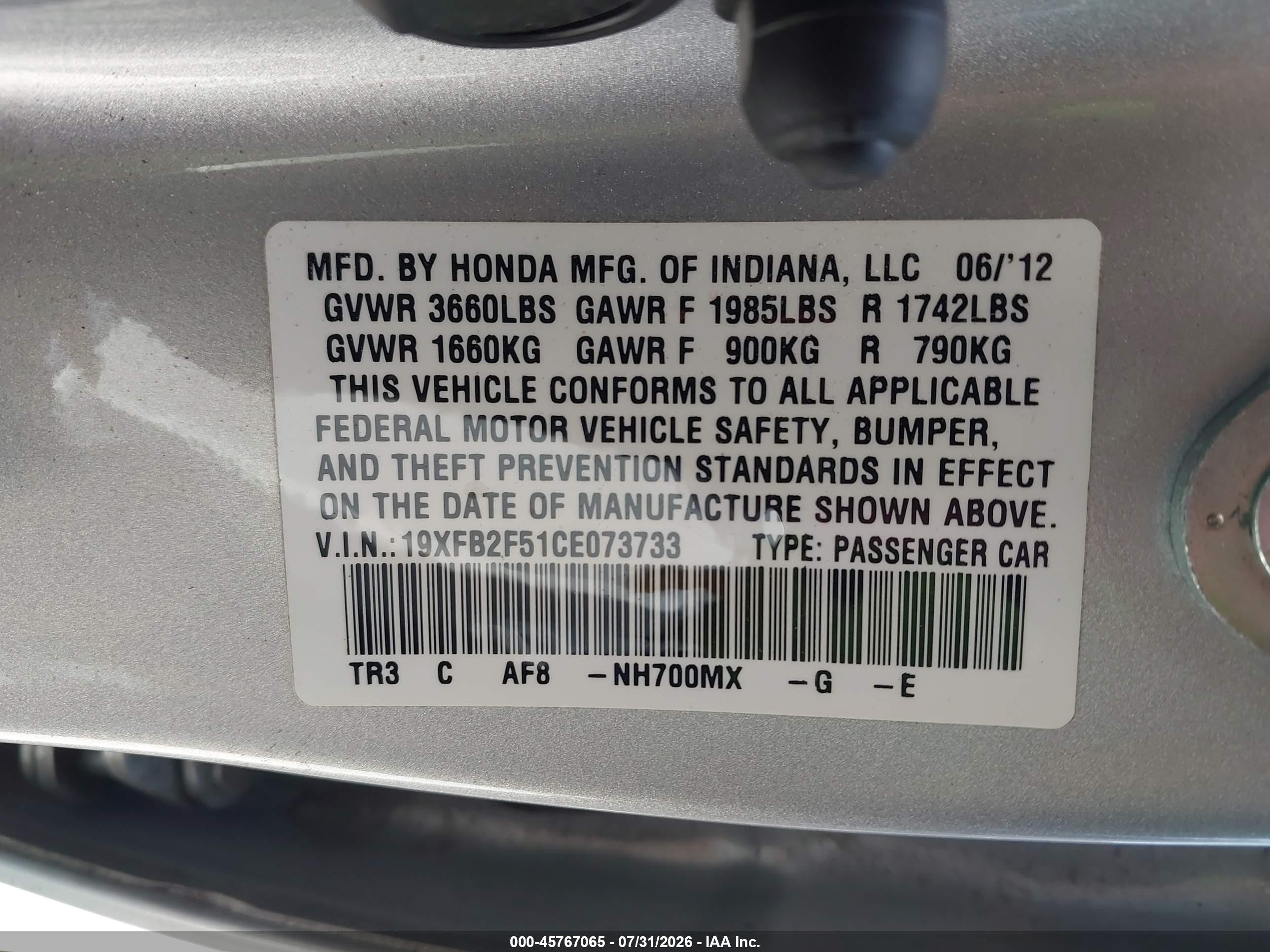 2012 Honda Civic Lx Silver vin: 19XFB2F51CE073733