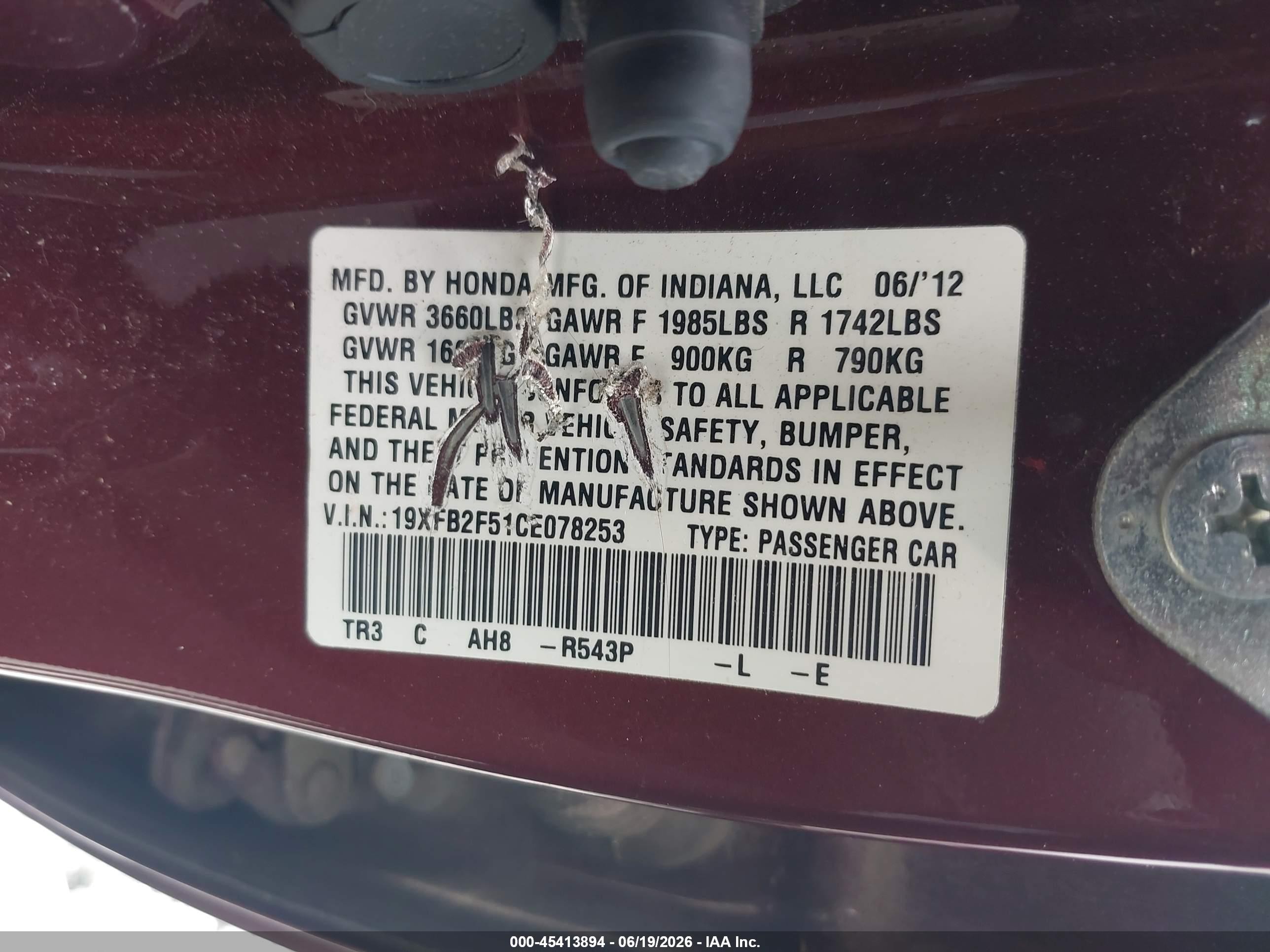 2012 Honda Civic Lx Red vin: 19XFB2F51CE078253