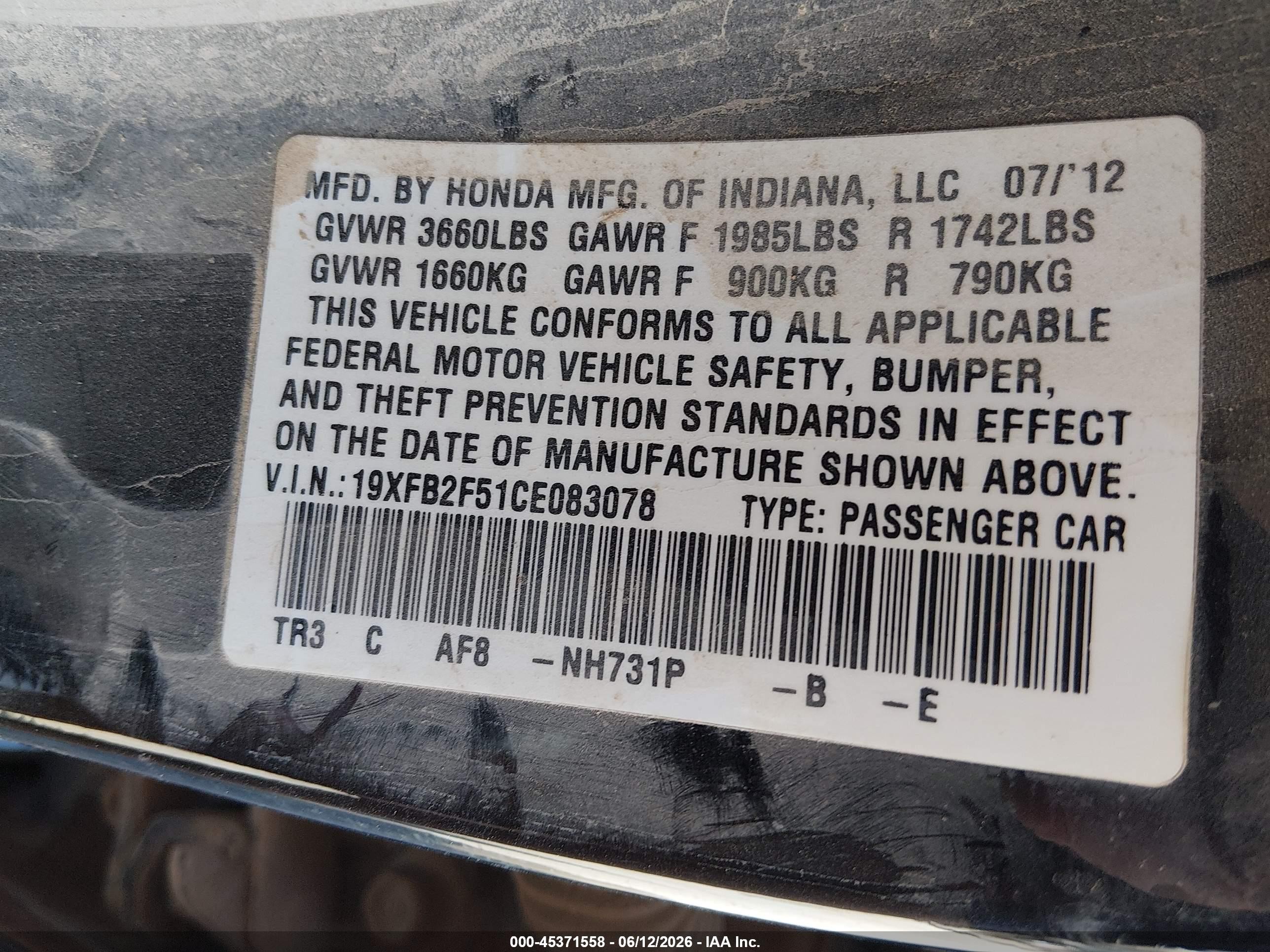 2012 Honda Civic Lx Black vin: 19XFB2F51CE083078