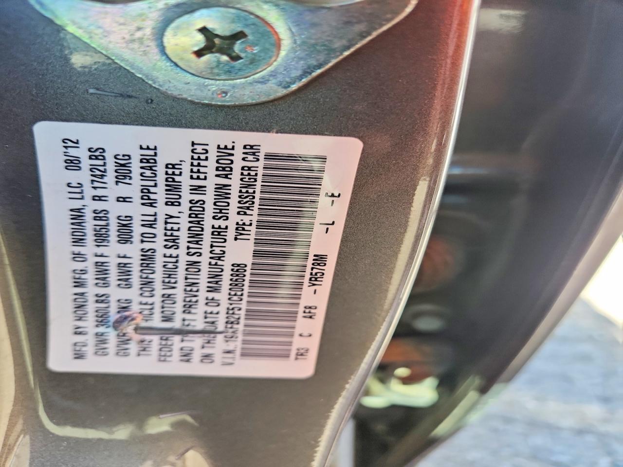 2012 Honda Civic Lx Gray vin: 19XFB2F51CE086868