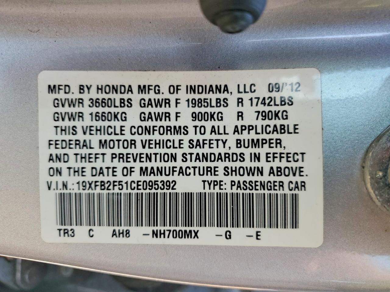 2012 Honda Civic Lx Silver vin: 19XFB2F51CE095392