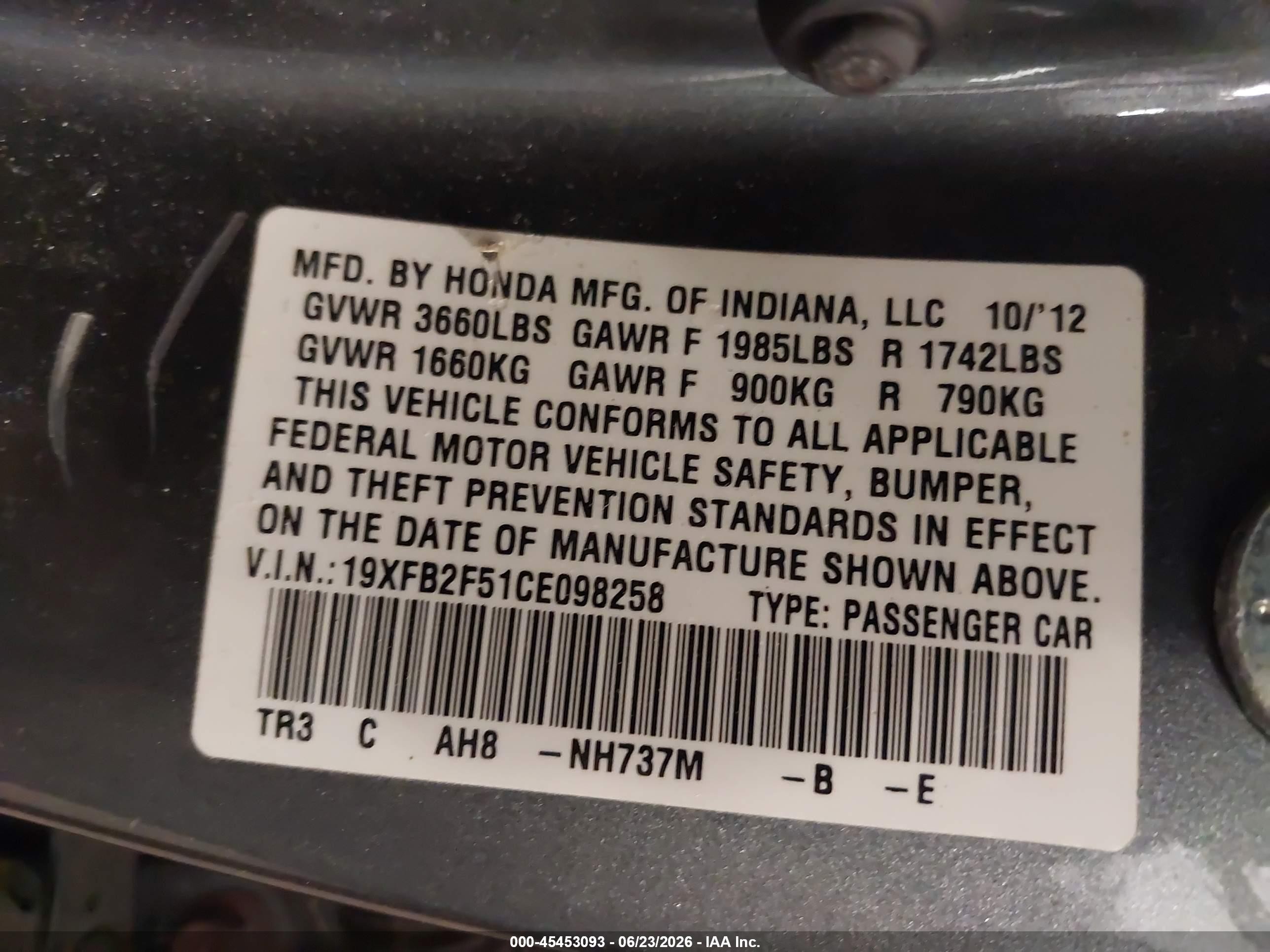 2012 Honda Civic Lx Gray vin: 19XFB2F51CE098258