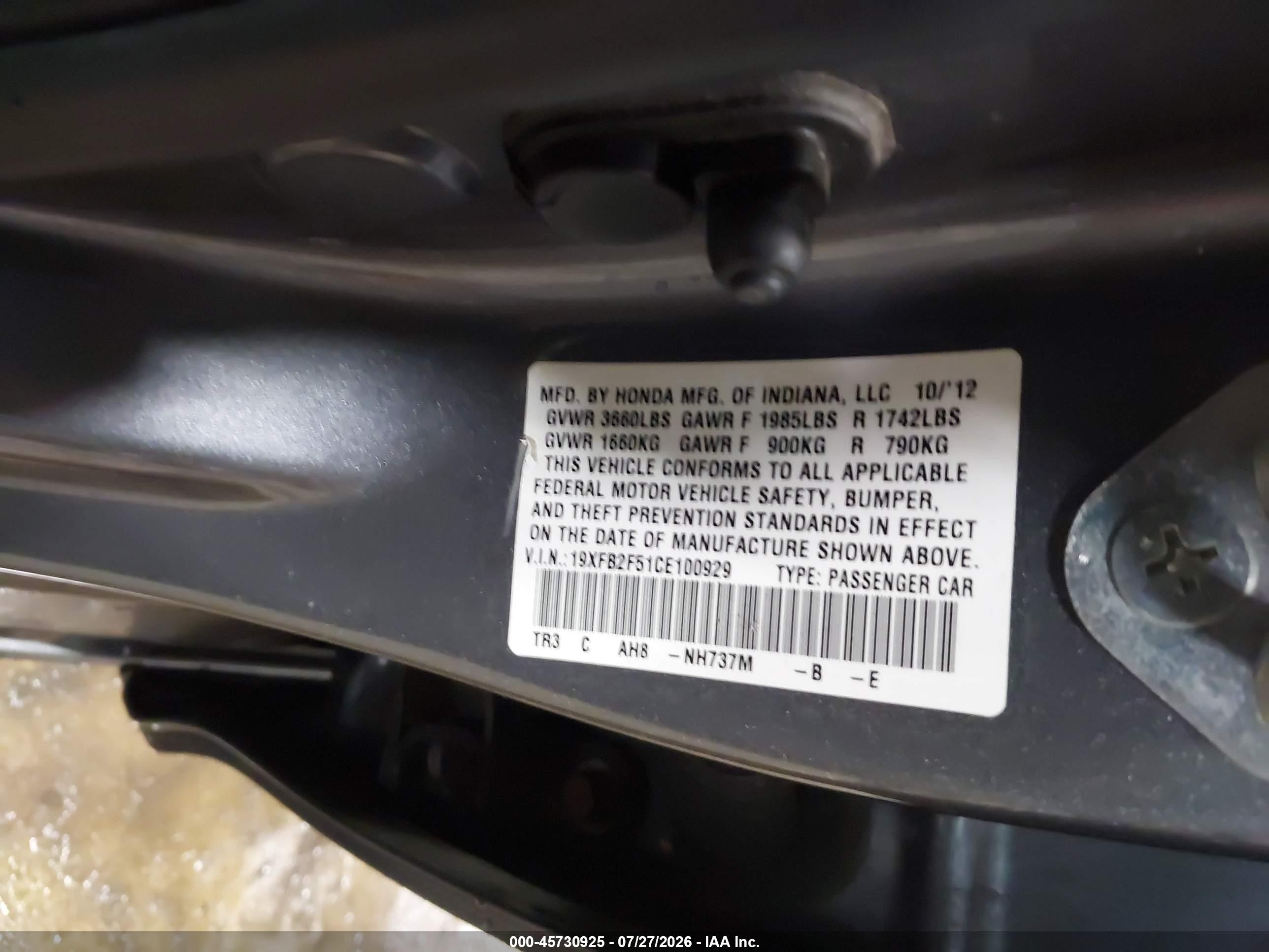 2012 Honda Civic Lx Gray vin: 19XFB2F51CE100929