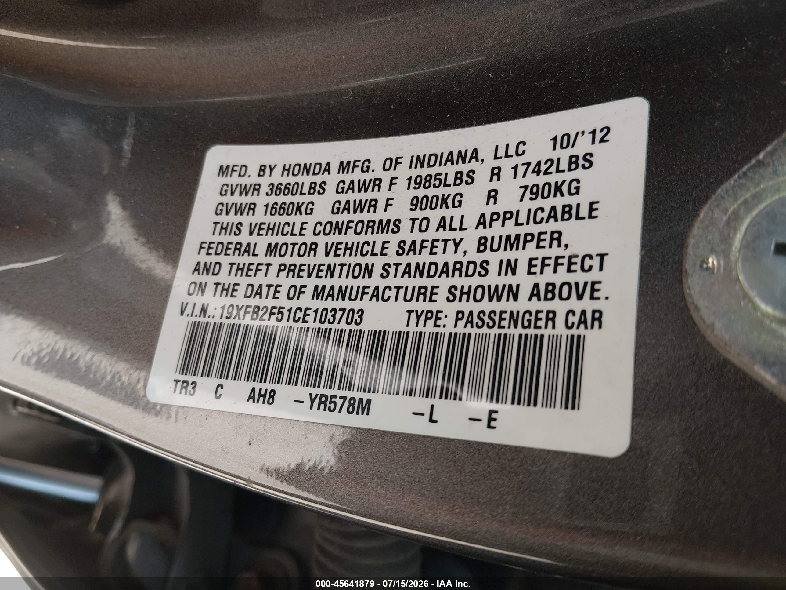 2012 Honda Civic Lx Gray vin: 19XFB2F51CE103703