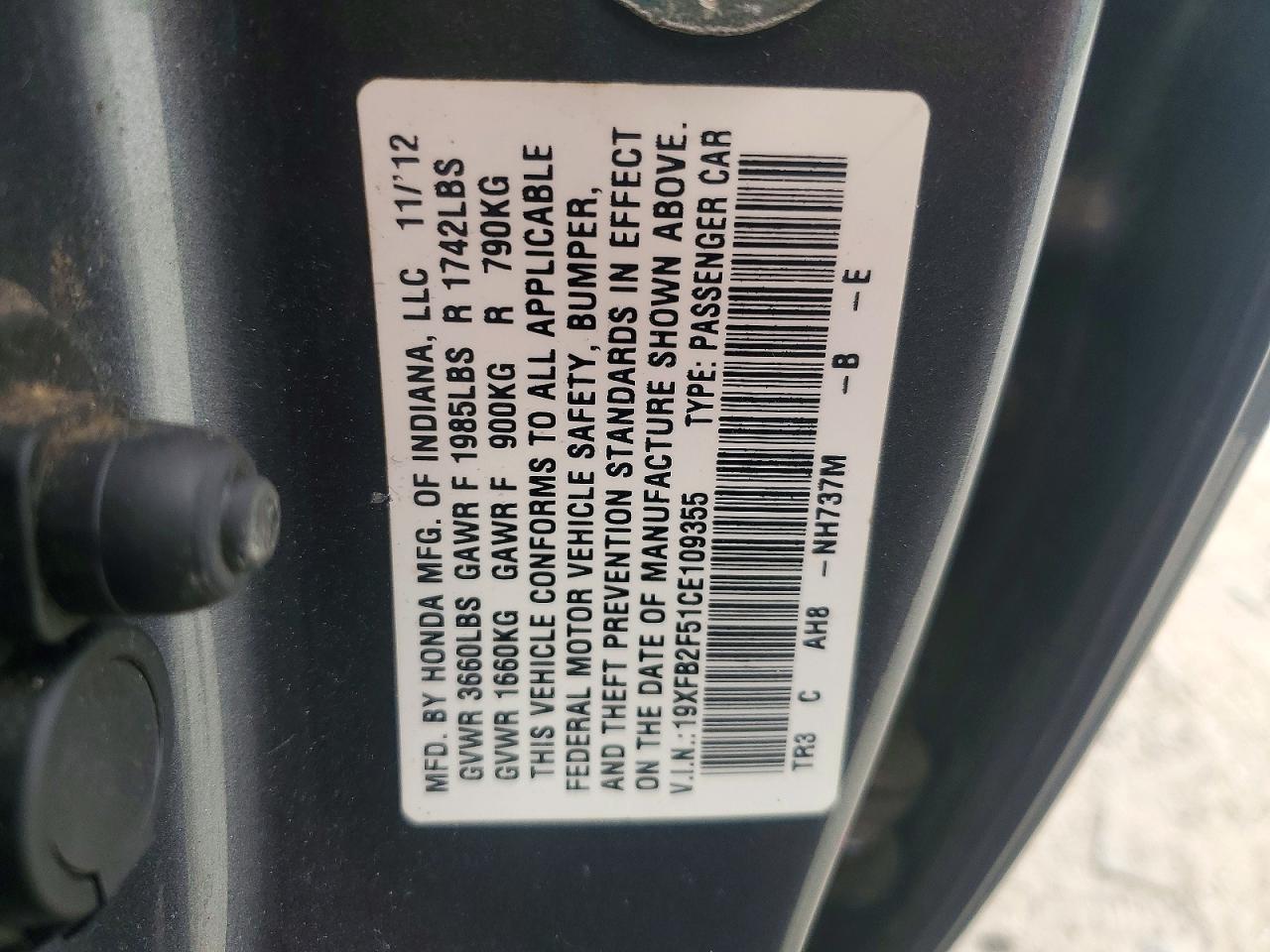 2012 Honda Civic Lx Gray vin: 19XFB2F51CE109355