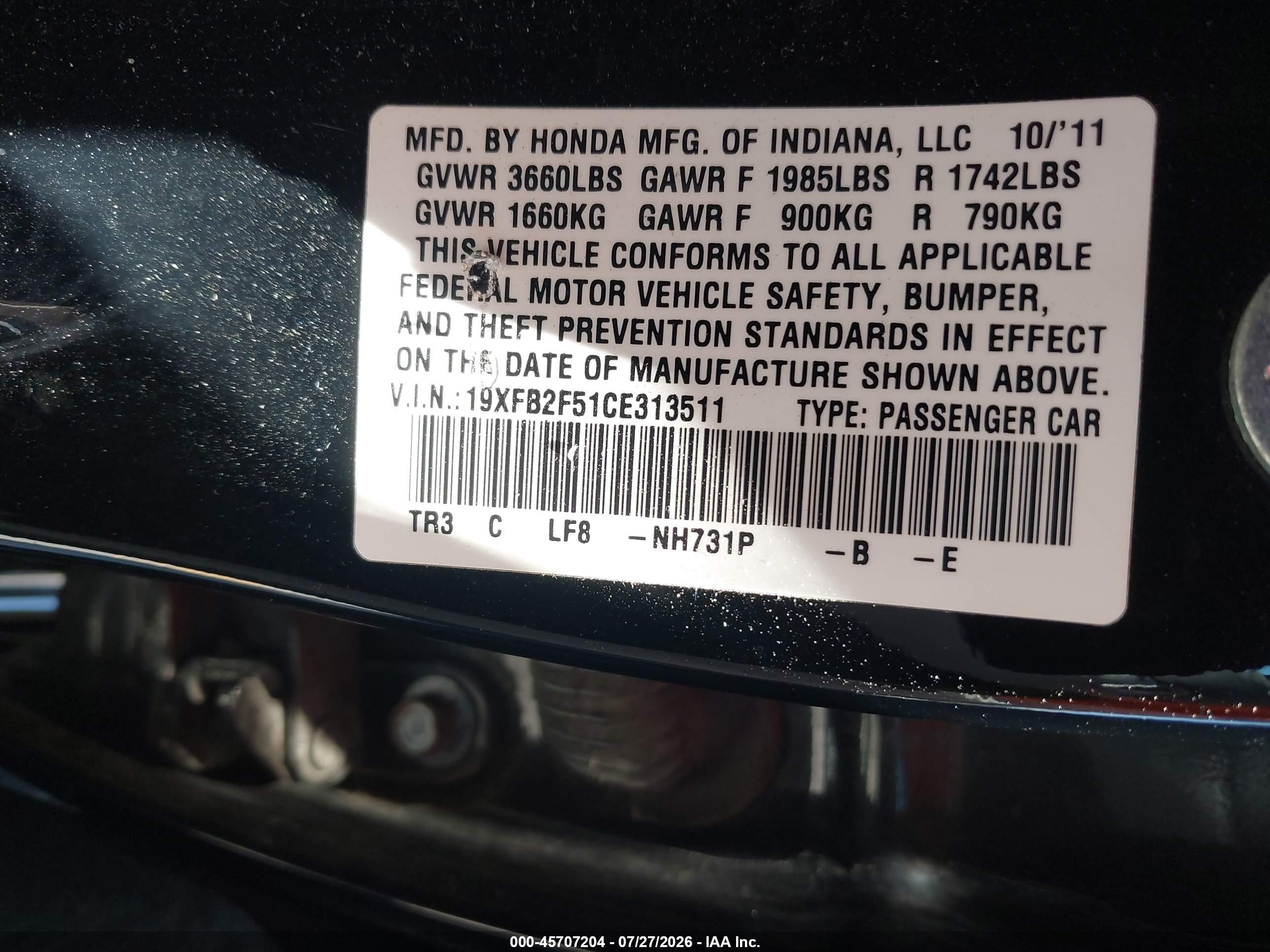 2012 Honda Civic Lx Black vin: 19XFB2F51CE313511