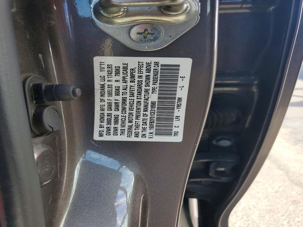 2012 Honda Civic Lx Gray vin: 19XFB2F51CE318580