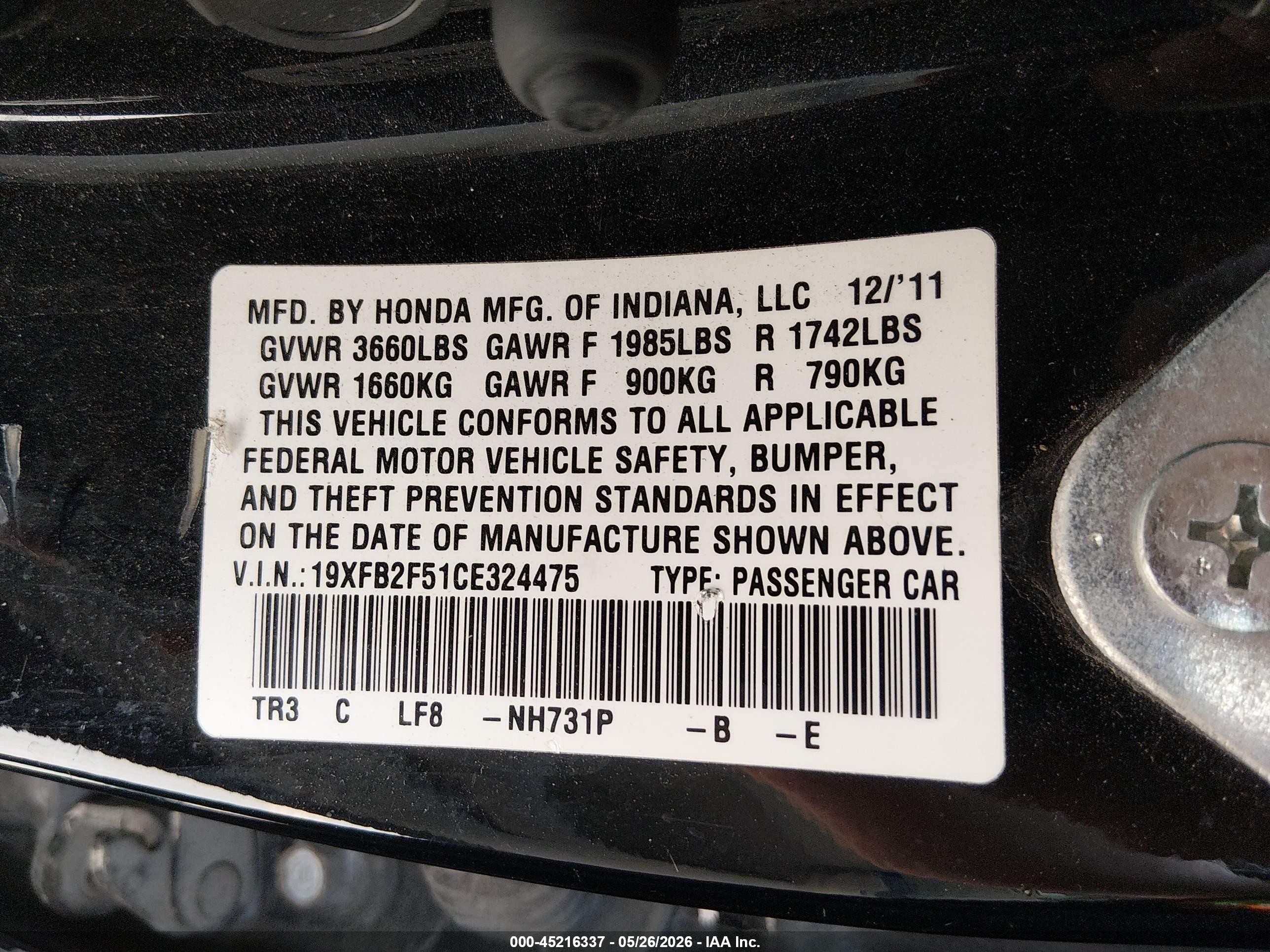 2012 Honda Civic Lx Black vin: 19XFB2F51CE324475