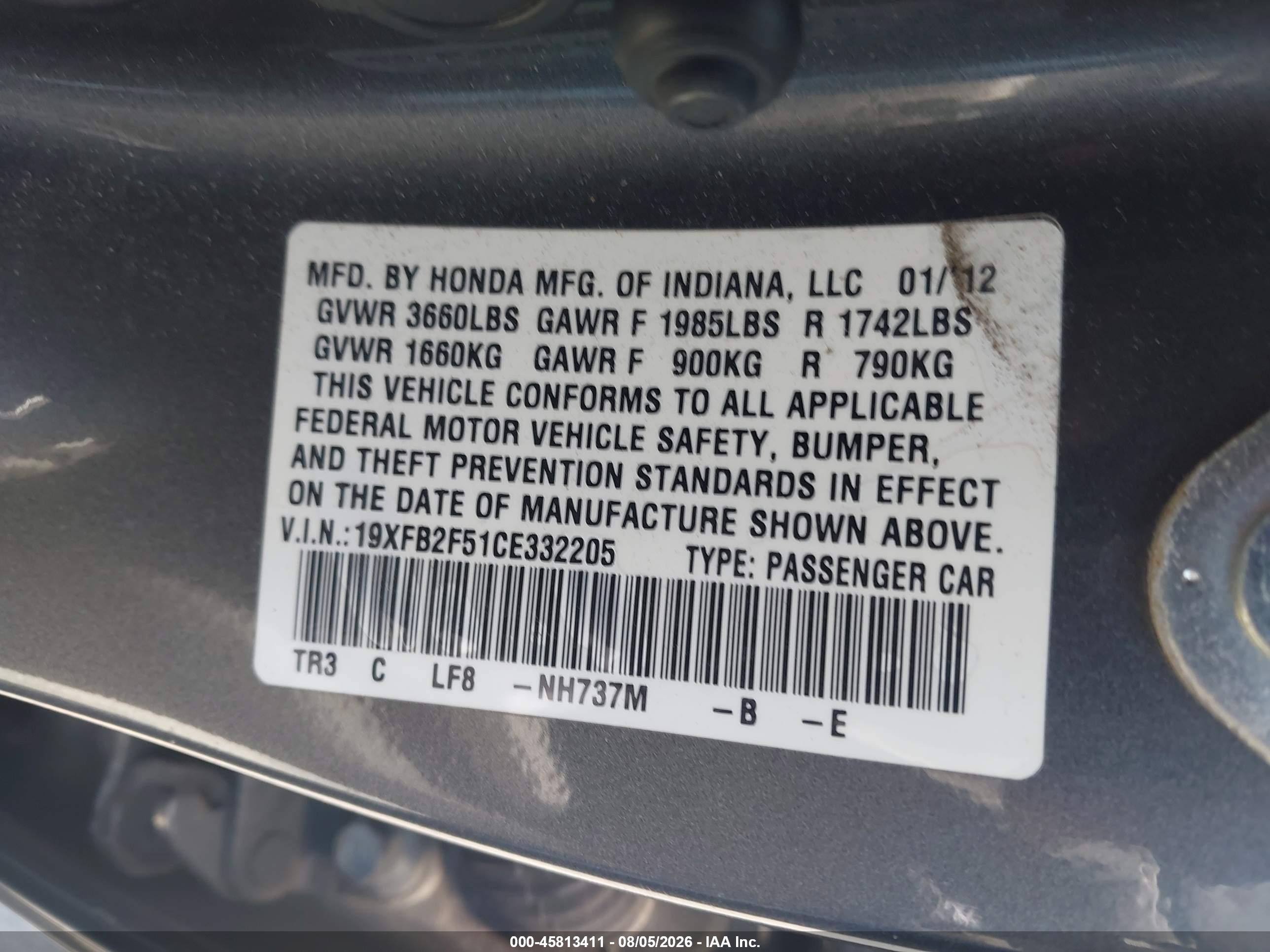 2012 Honda Civic Lx Gray vin: 19XFB2F51CE332205