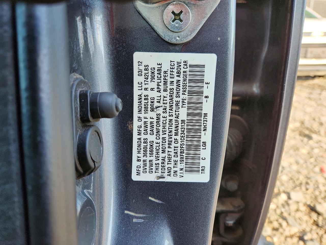 2012 Honda Civic Lx Gray vin: 19XFB2F51CE343138