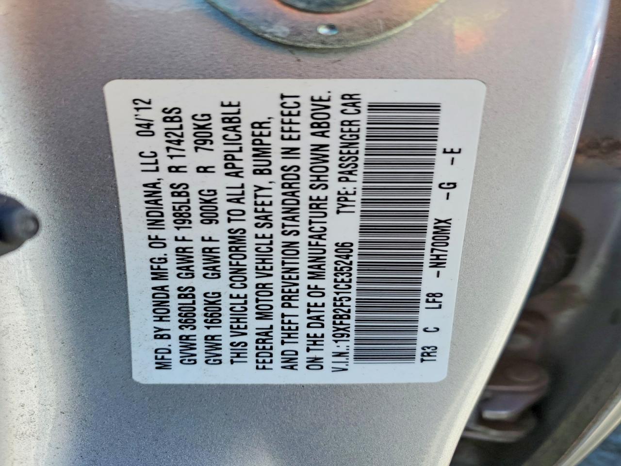 2012 Honda Civic Lx Silver vin: 19XFB2F51CE352406