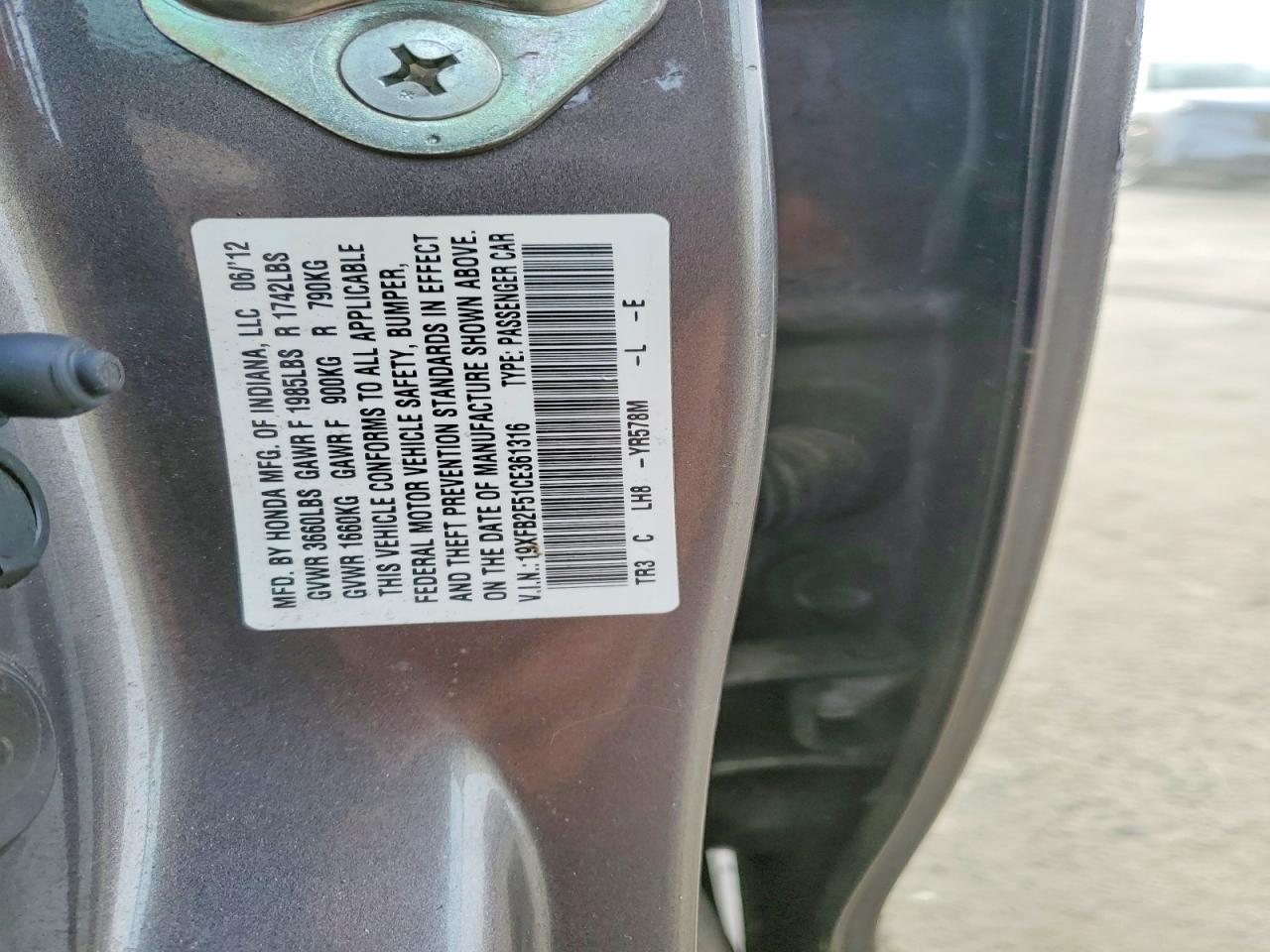 2012 Honda Civic Lx Gray vin: 19XFB2F51CE361316