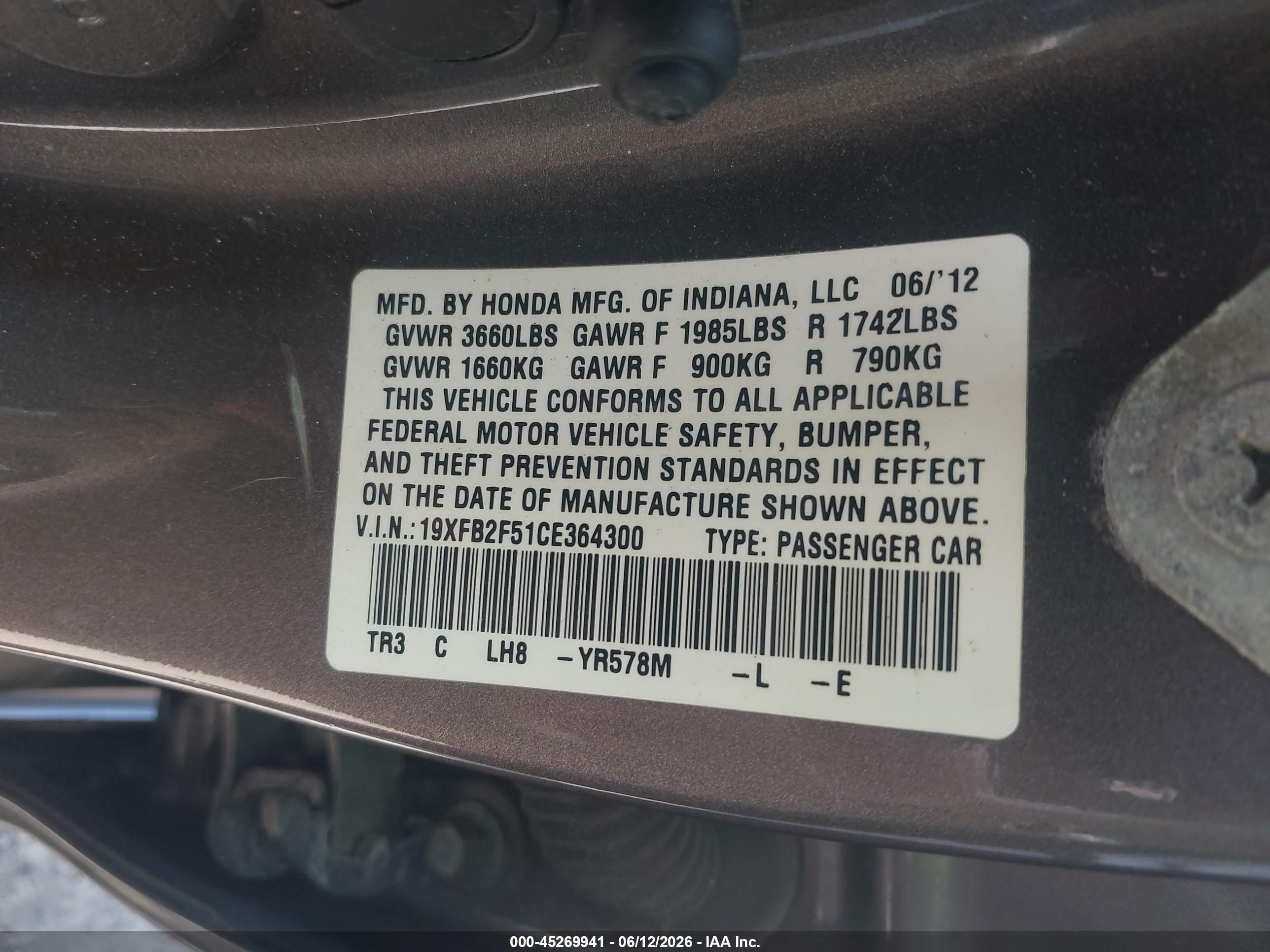 2012 Honda Civic Lx Gray vin: 19XFB2F51CE364300