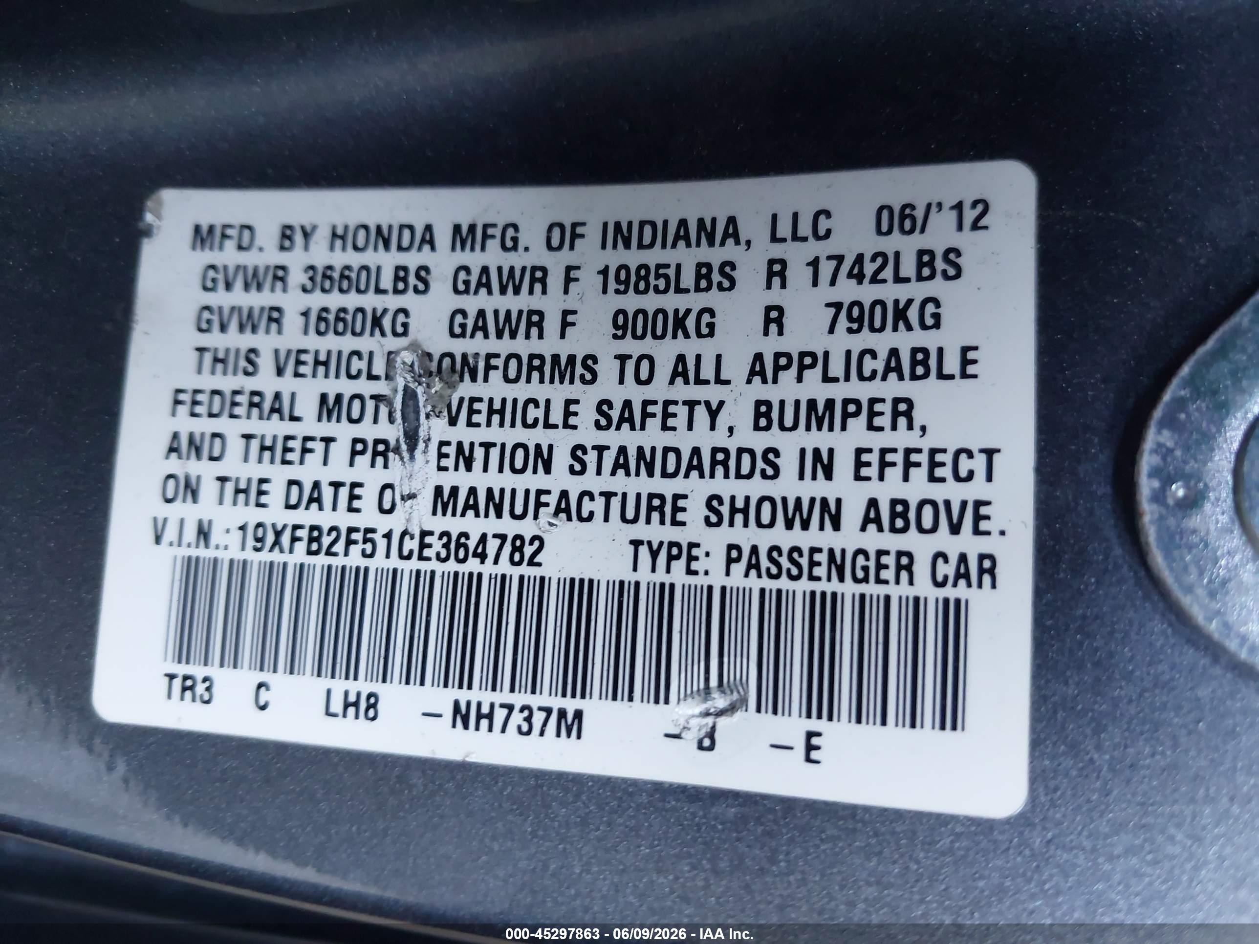 2012 Honda Civic Lx Gray vin: 19XFB2F51CE364782