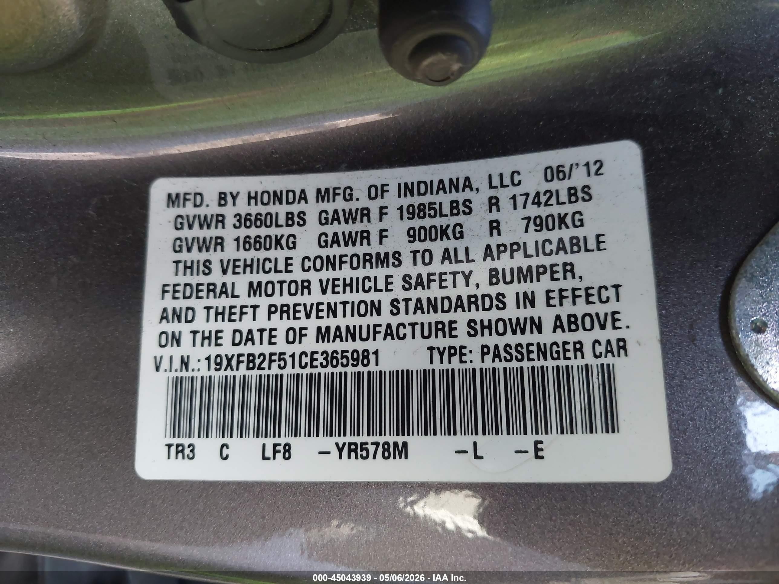2012 Honda Civic Lx Gray vin: 19XFB2F51CE365981