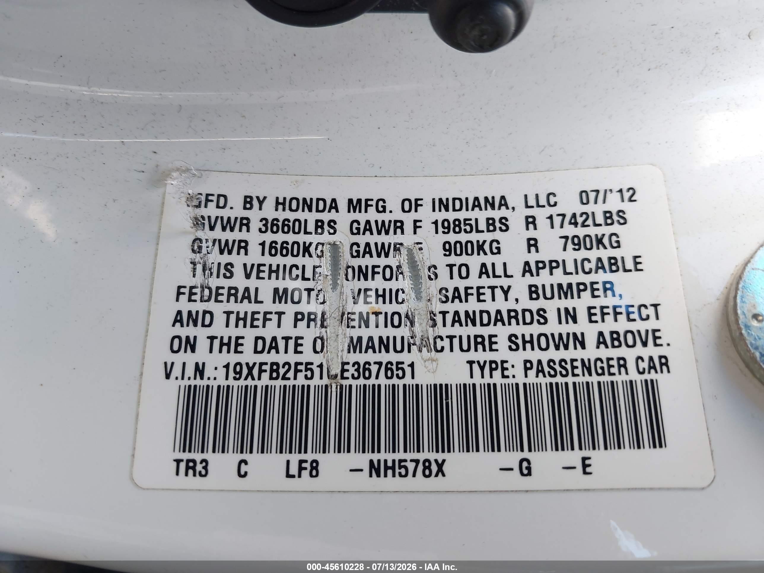 2012 Honda Civic Lx Белый vin: 19XFB2F51CE367651