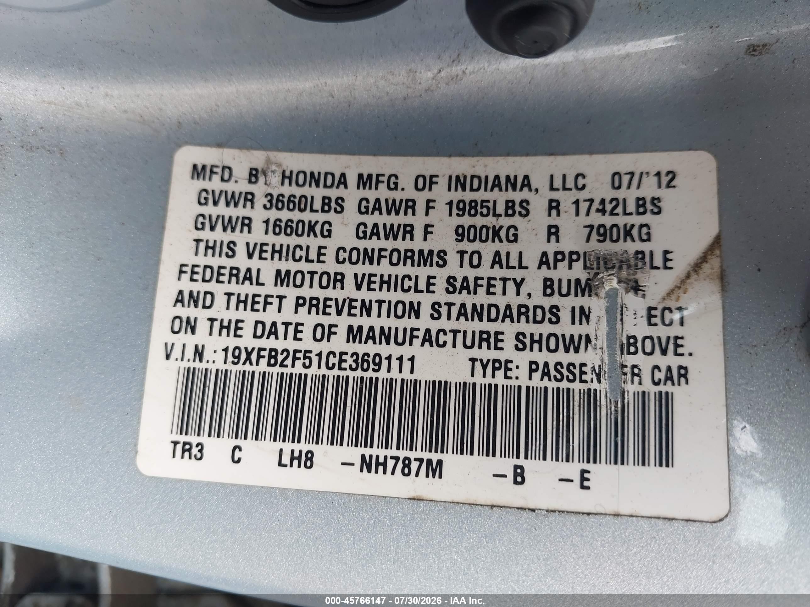 2012 Honda Civic Lx Light Blue vin: 19XFB2F51CE369111