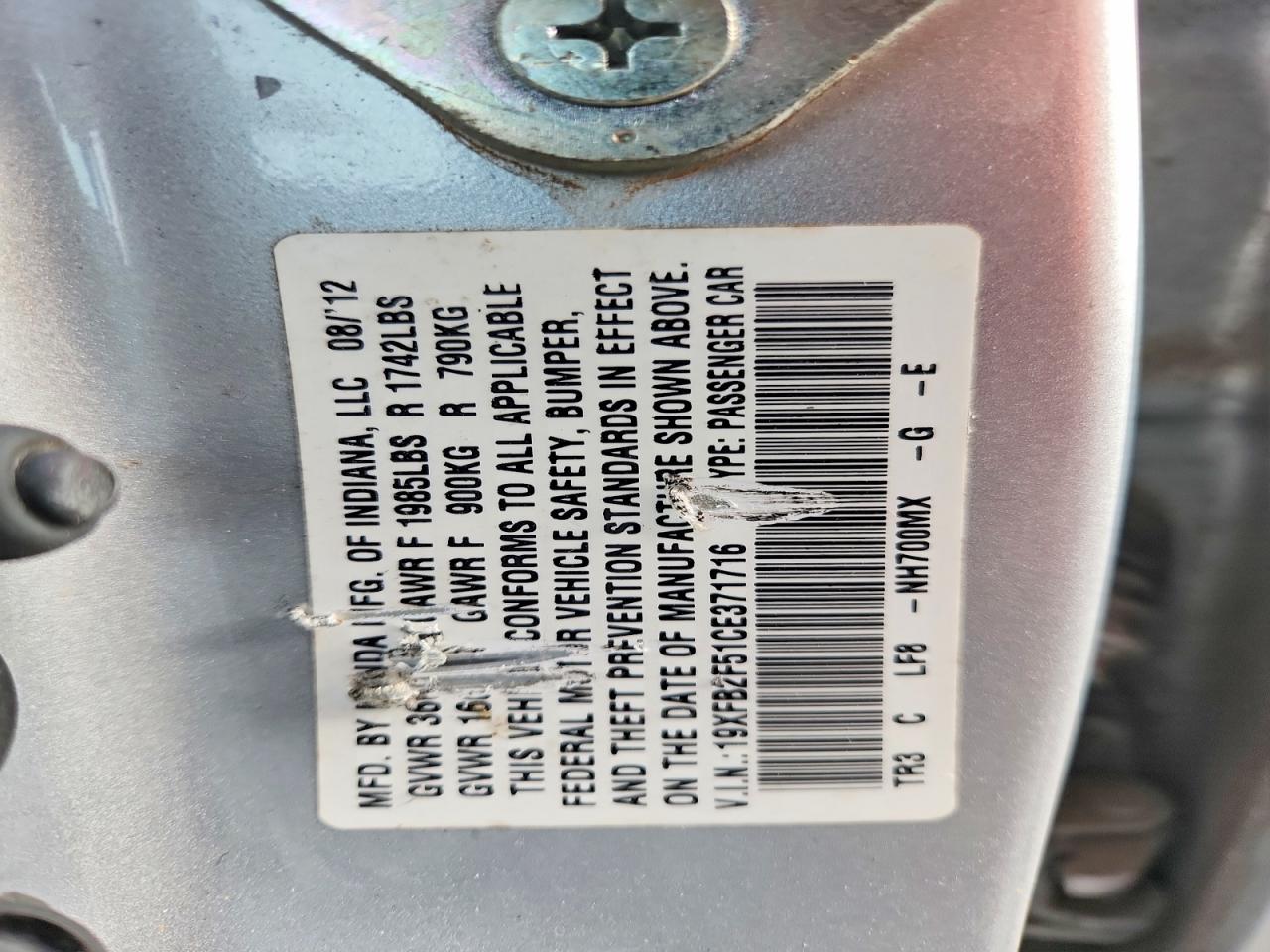2012 Honda Civic Lx Silver vin: 19XFB2F51CE371716