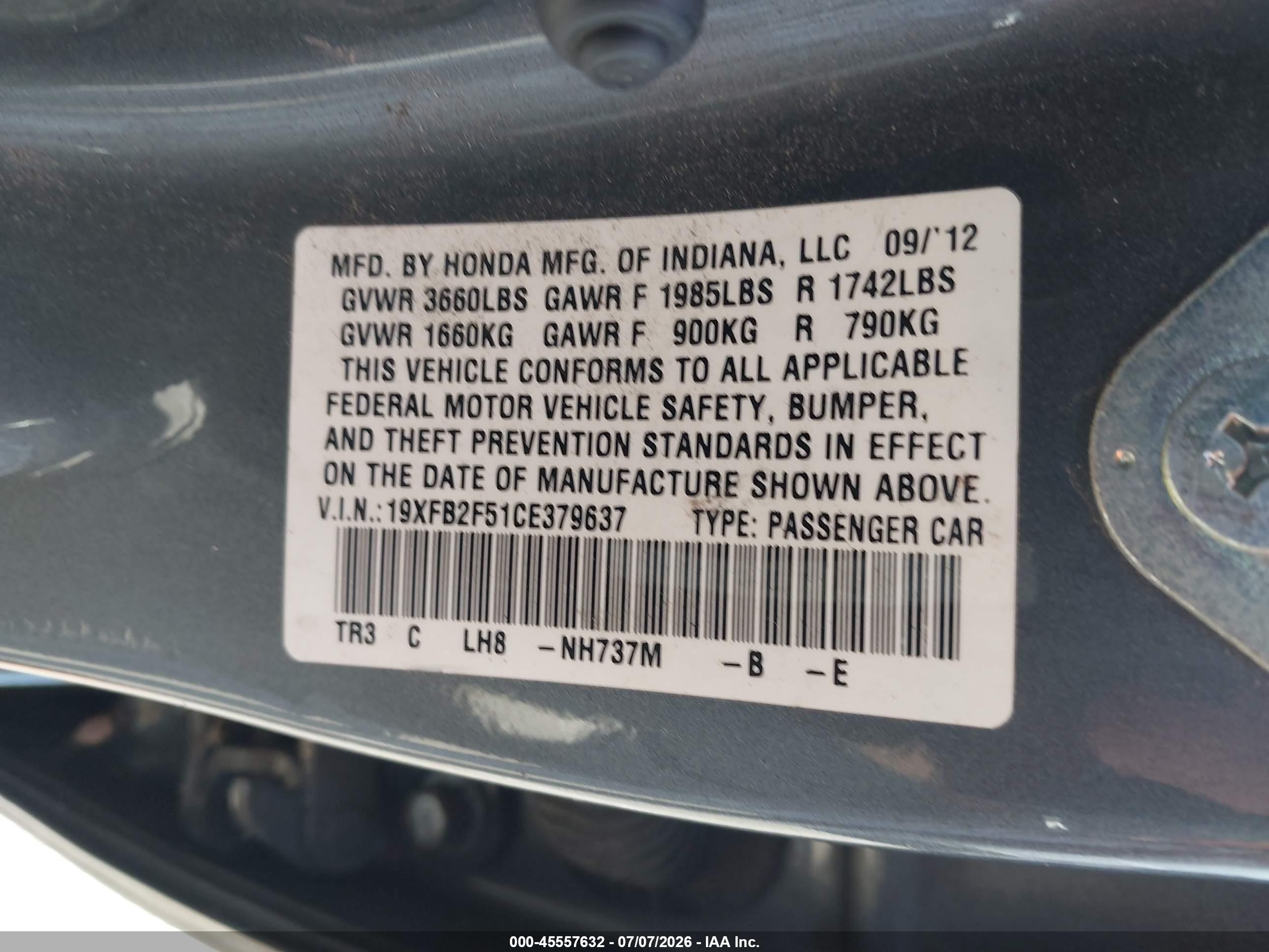 2012 Honda Civic Lx Gray vin: 19XFB2F51CE379637
