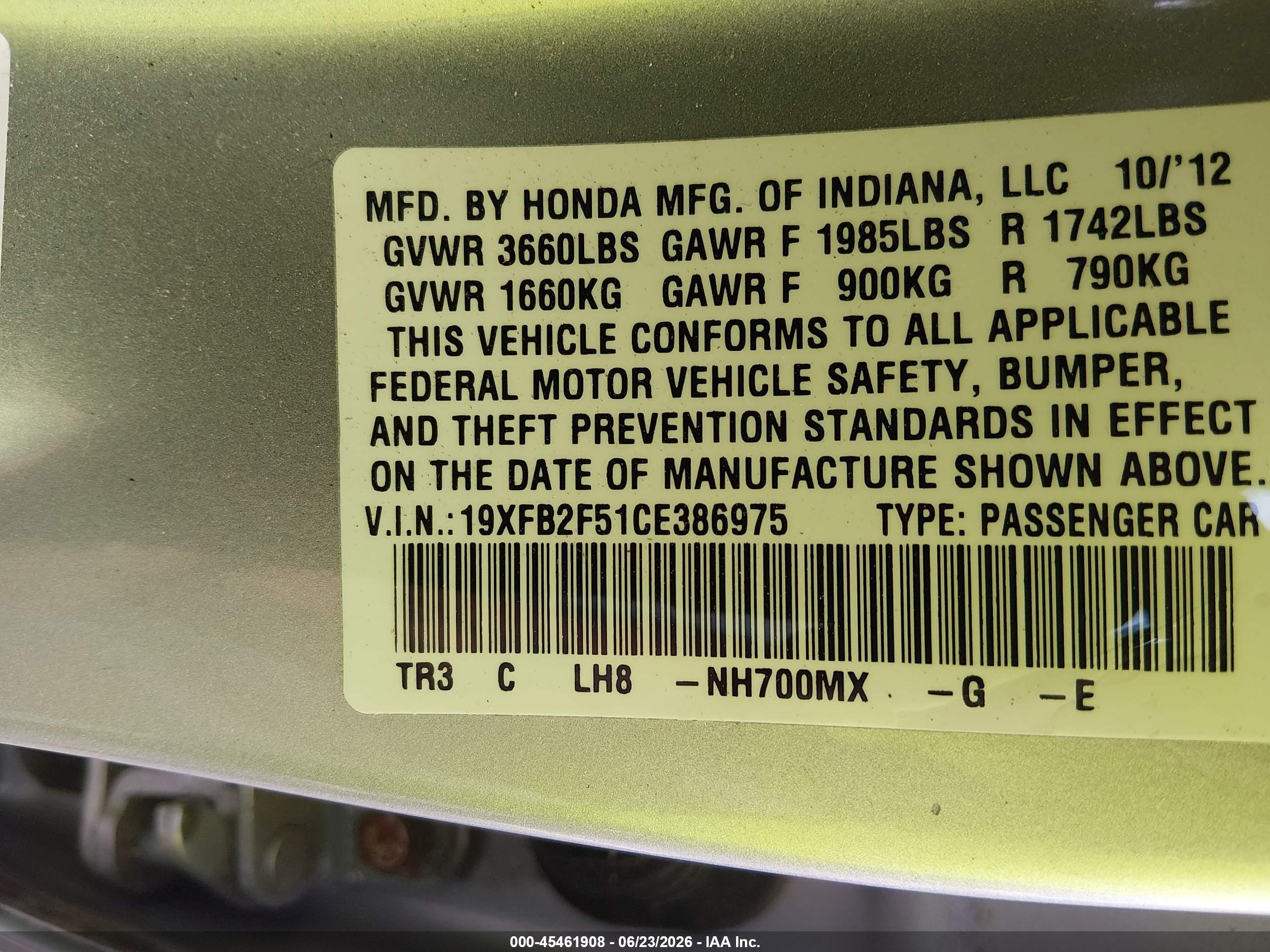 2012 Honda Civic Lx Серебряный vin: 19XFB2F51CE386975