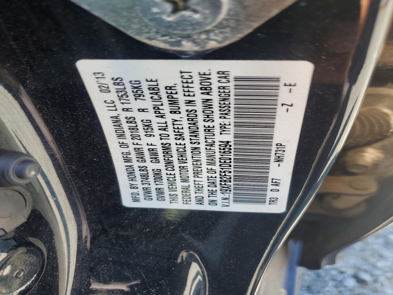 2013 Honda Civic Lx Black vin: 19XFB2F51DE016594