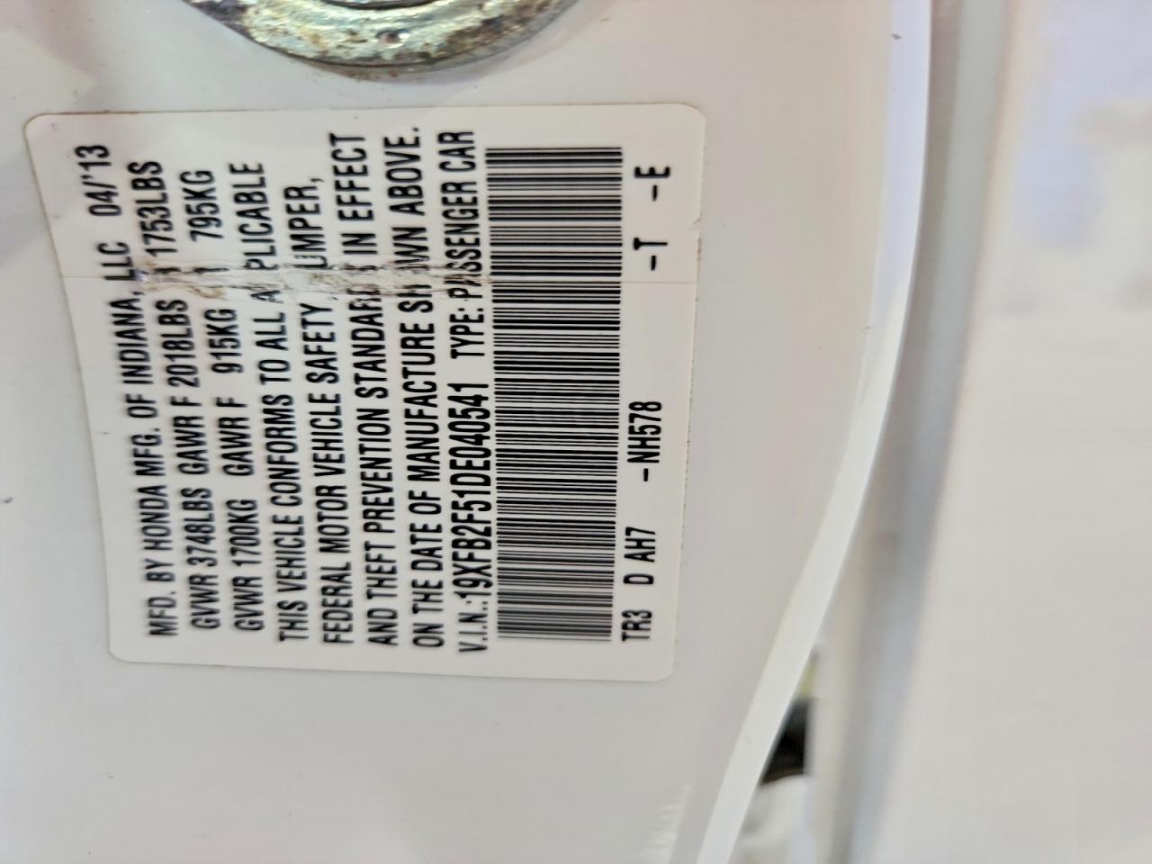 2013 Honda Civic Lx White vin: 19XFB2F51DE040541