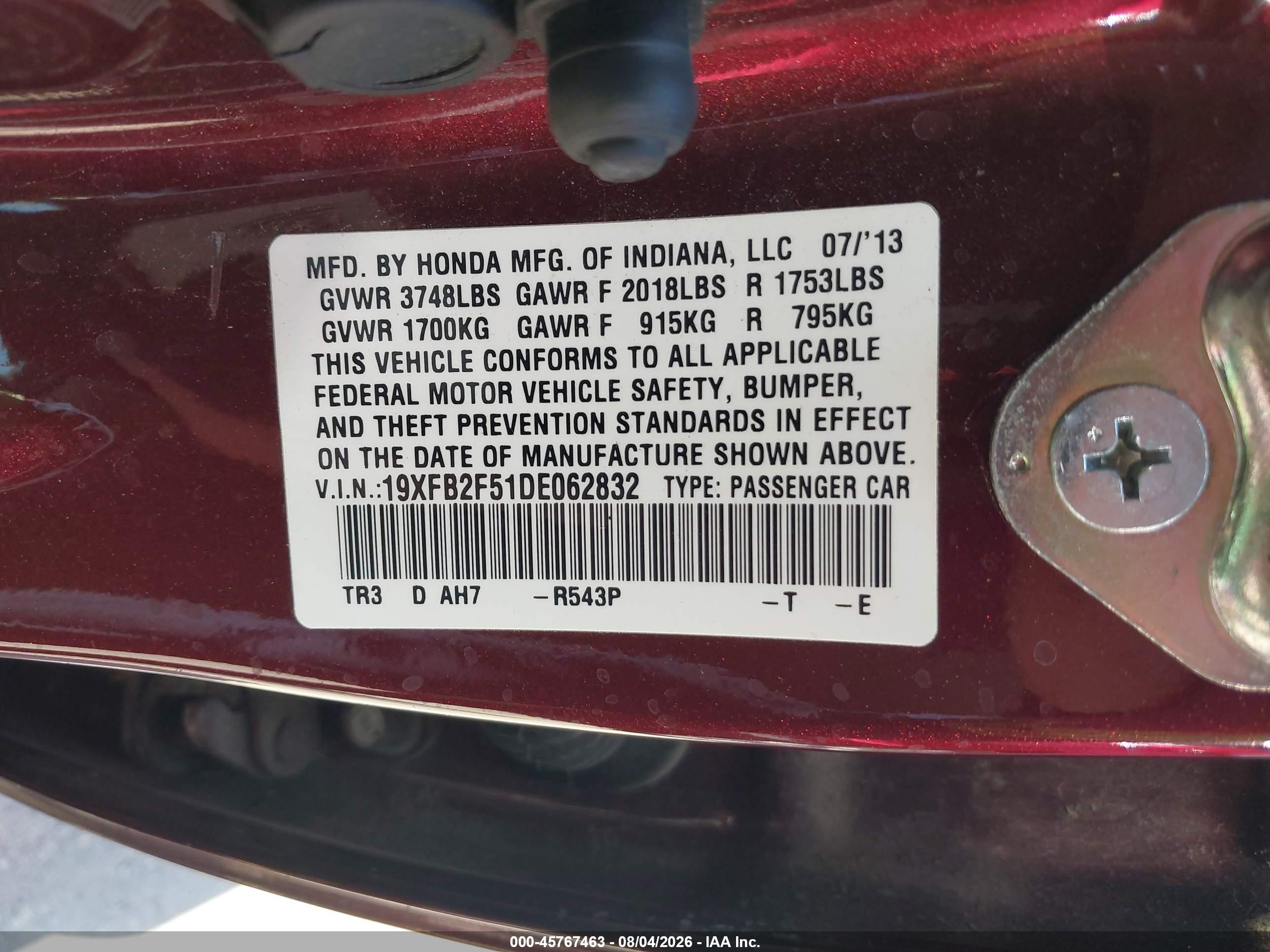 2013 Honda Civic Lx Burgundy vin: 19XFB2F51DE062832