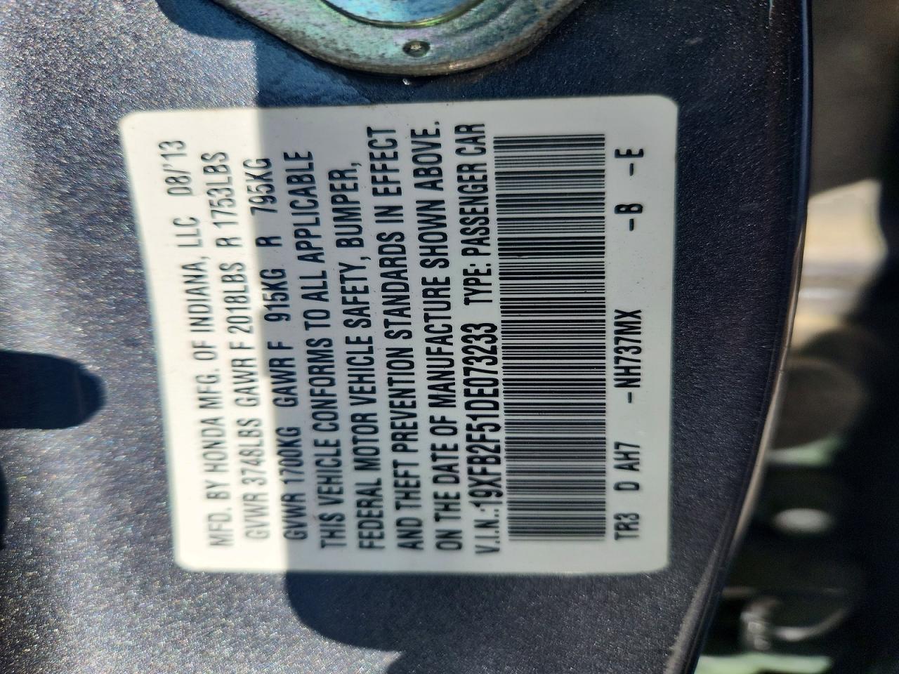 2013 Honda Civic Lx Charcoal vin: 19XFB2F51DE073233