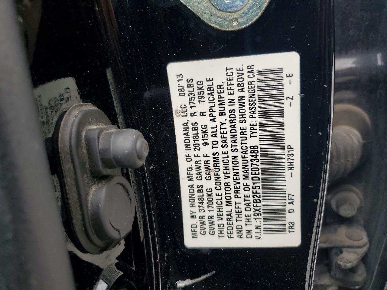 2013 Honda Civic Lx Black vin: 19XFB2F51DE073488