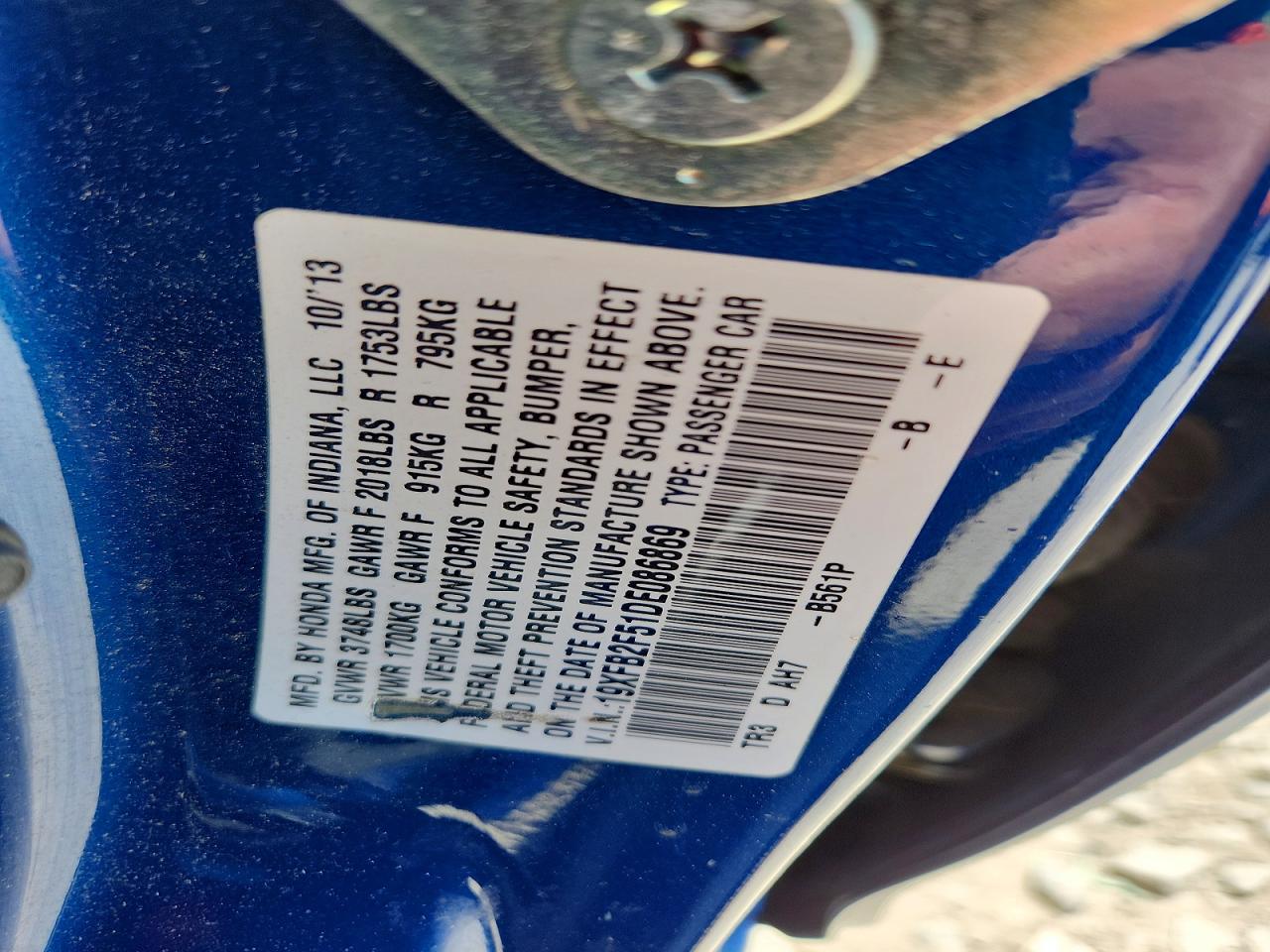 2013 Honda Civic Lx Blue vin: 19XFB2F51DE086869