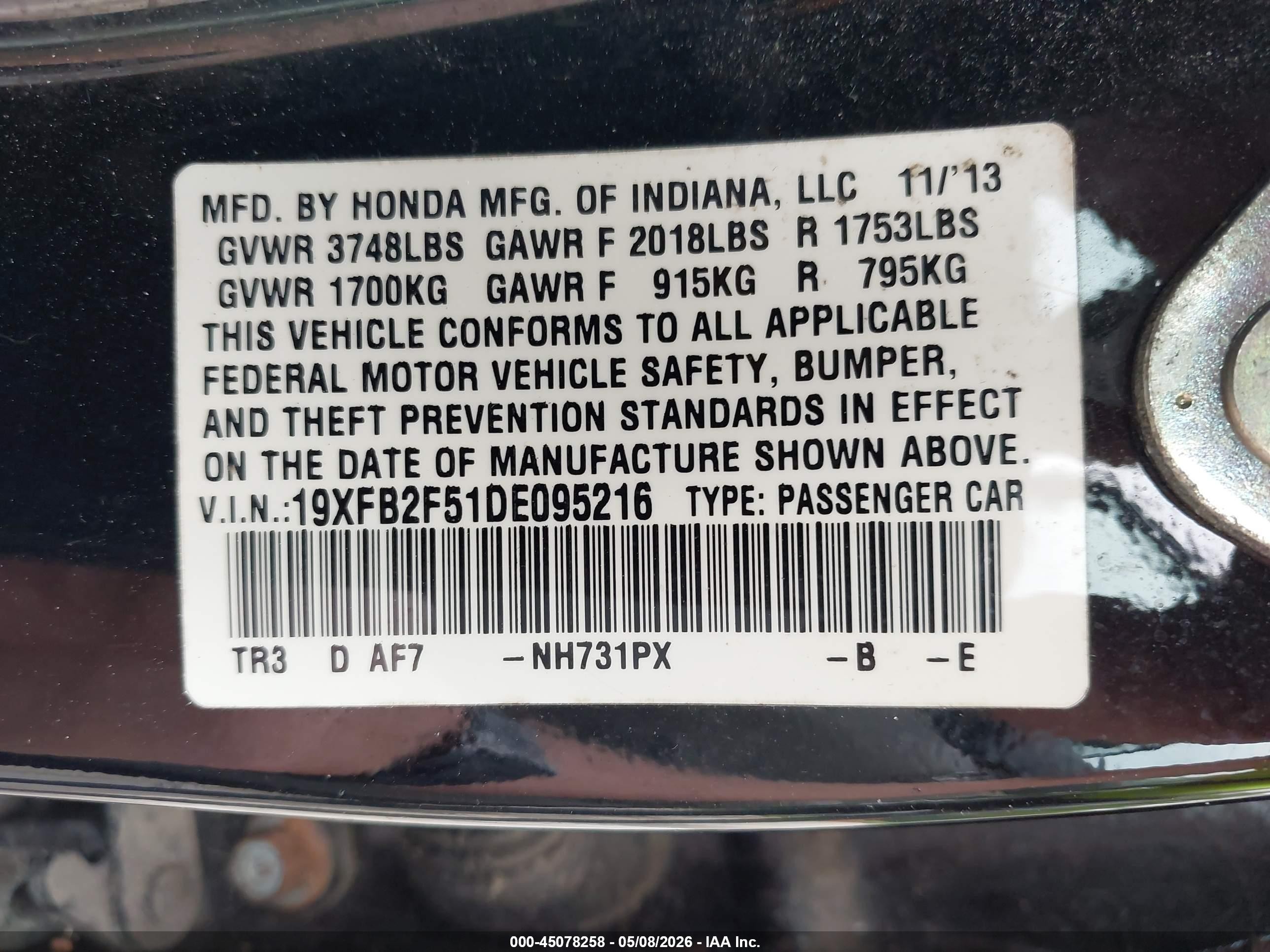 2013 Honda Civic Lx Black vin: 19XFB2F51DE095216