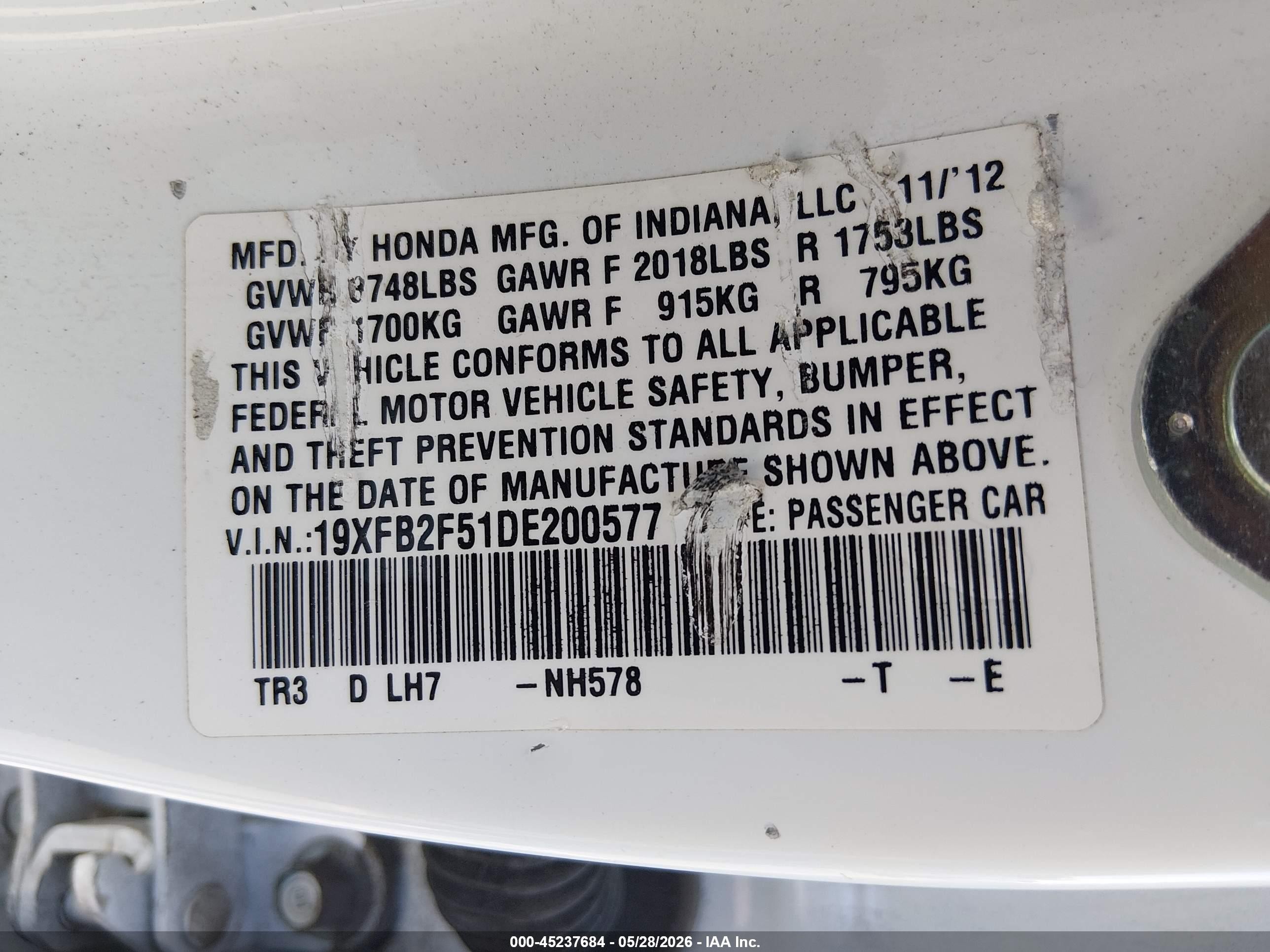 2013 Honda Civic Lx White vin: 19XFB2F51DE200577