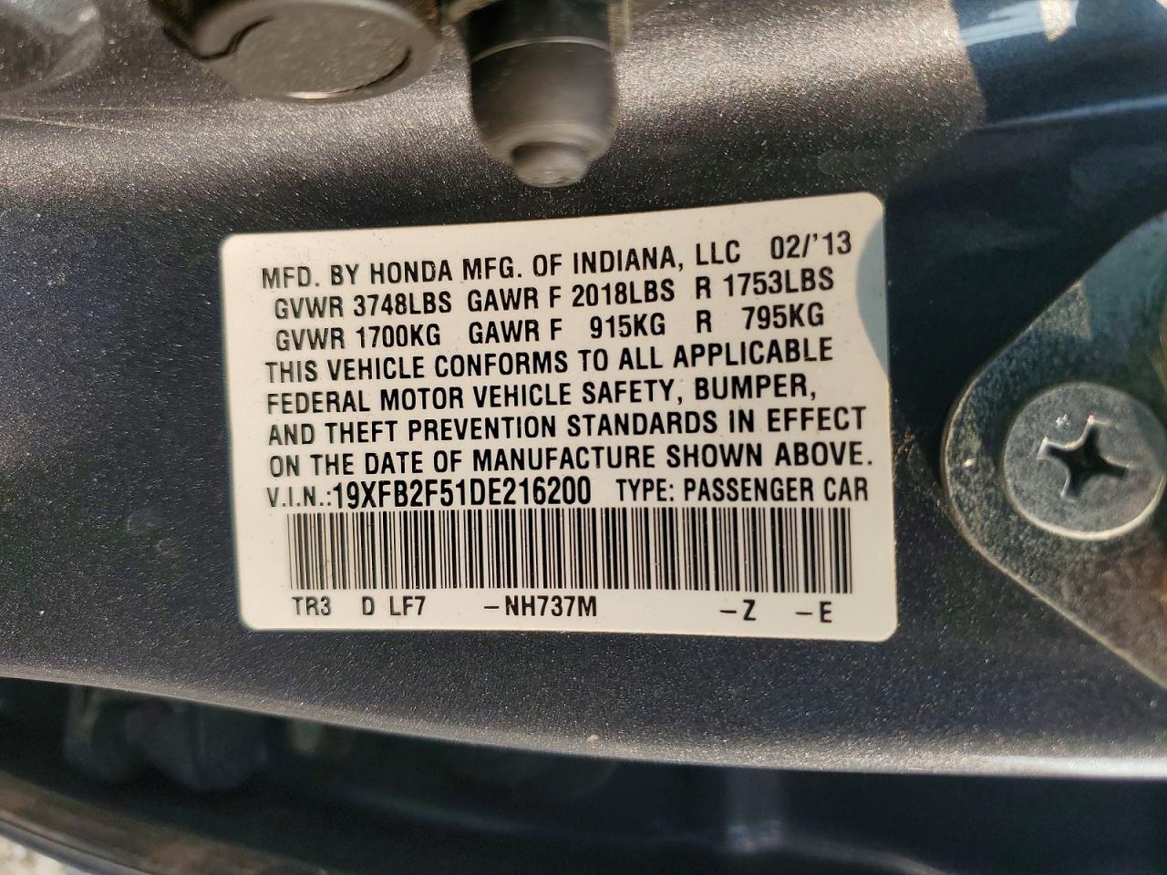 2013 Honda Civic Lx Gray vin: 19XFB2F51DE216200