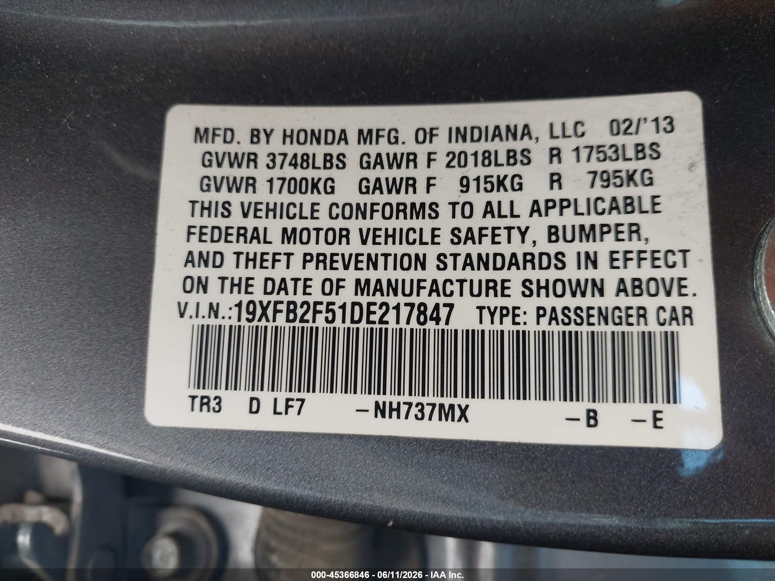 2013 Honda Civic Lx Серый vin: 19XFB2F51DE217847