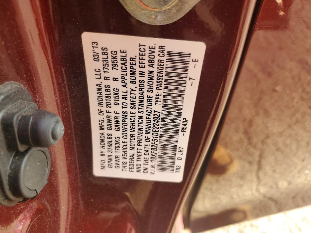 2013 Honda Civic Lx Burgundy vin: 19XFB2F51DE224927