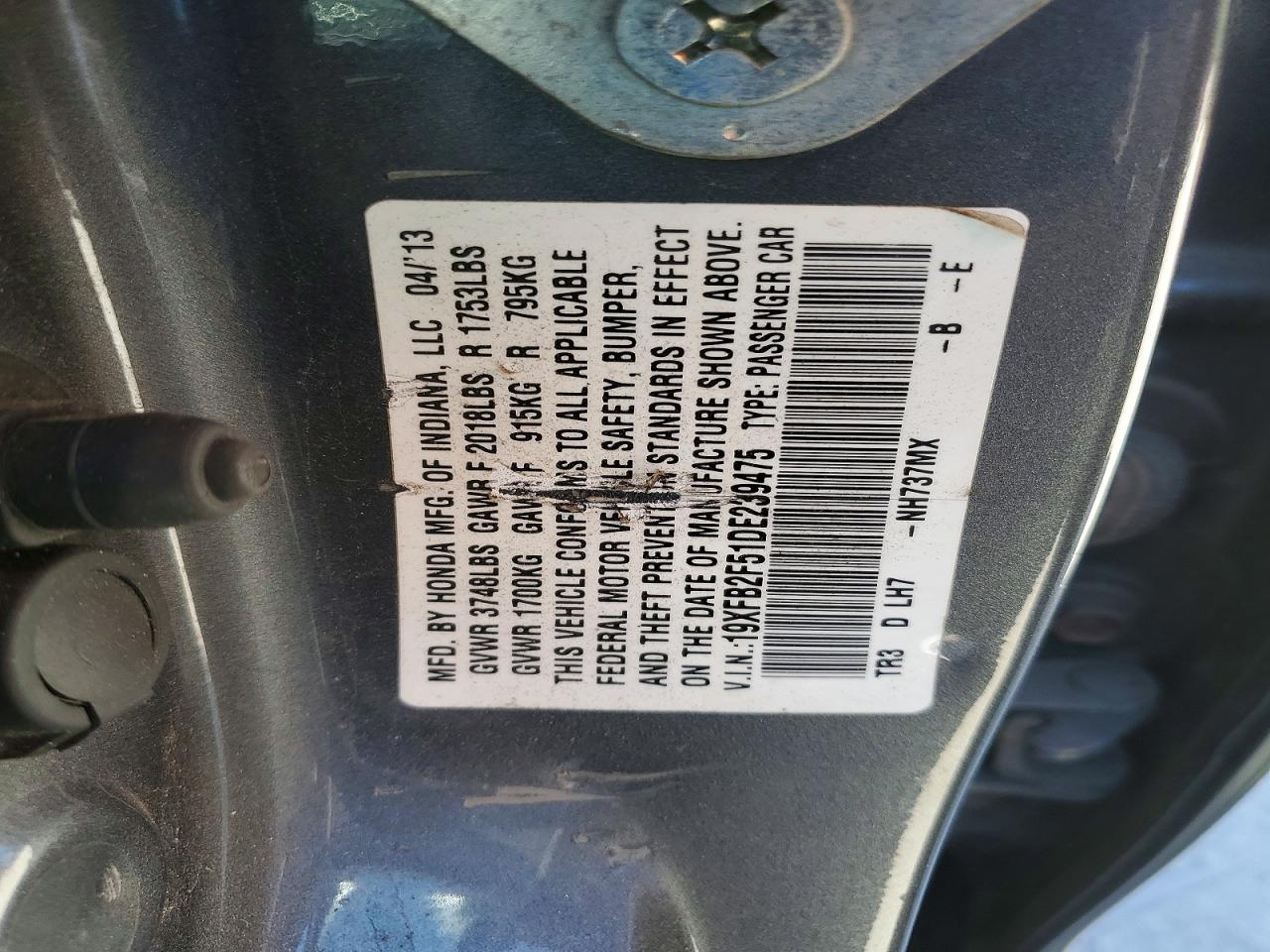 2013 Honda Civic Lx Gray vin: 19XFB2F51DE239475