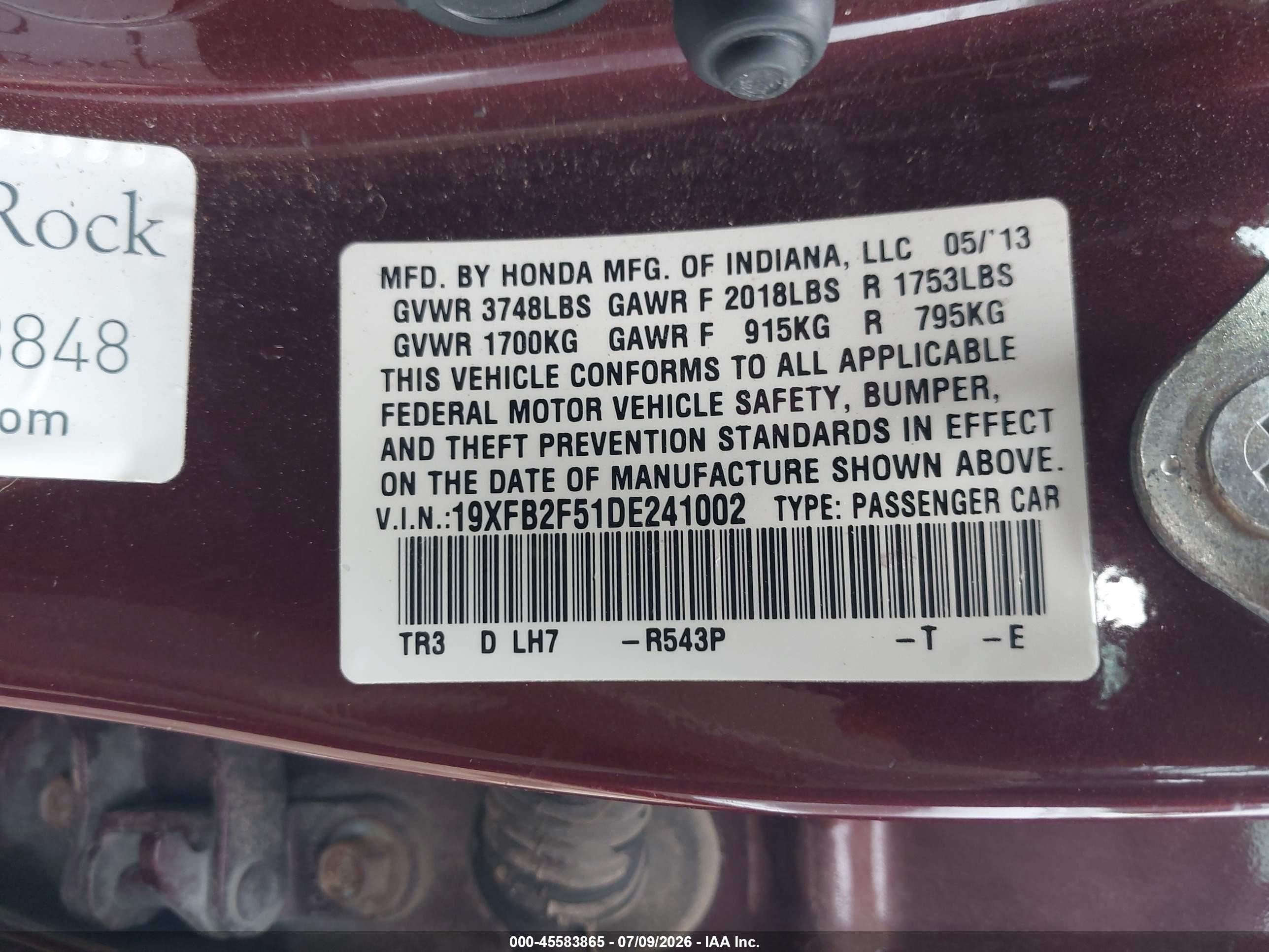 2013 Honda Civic Lx Red vin: 19XFB2F51DE241002