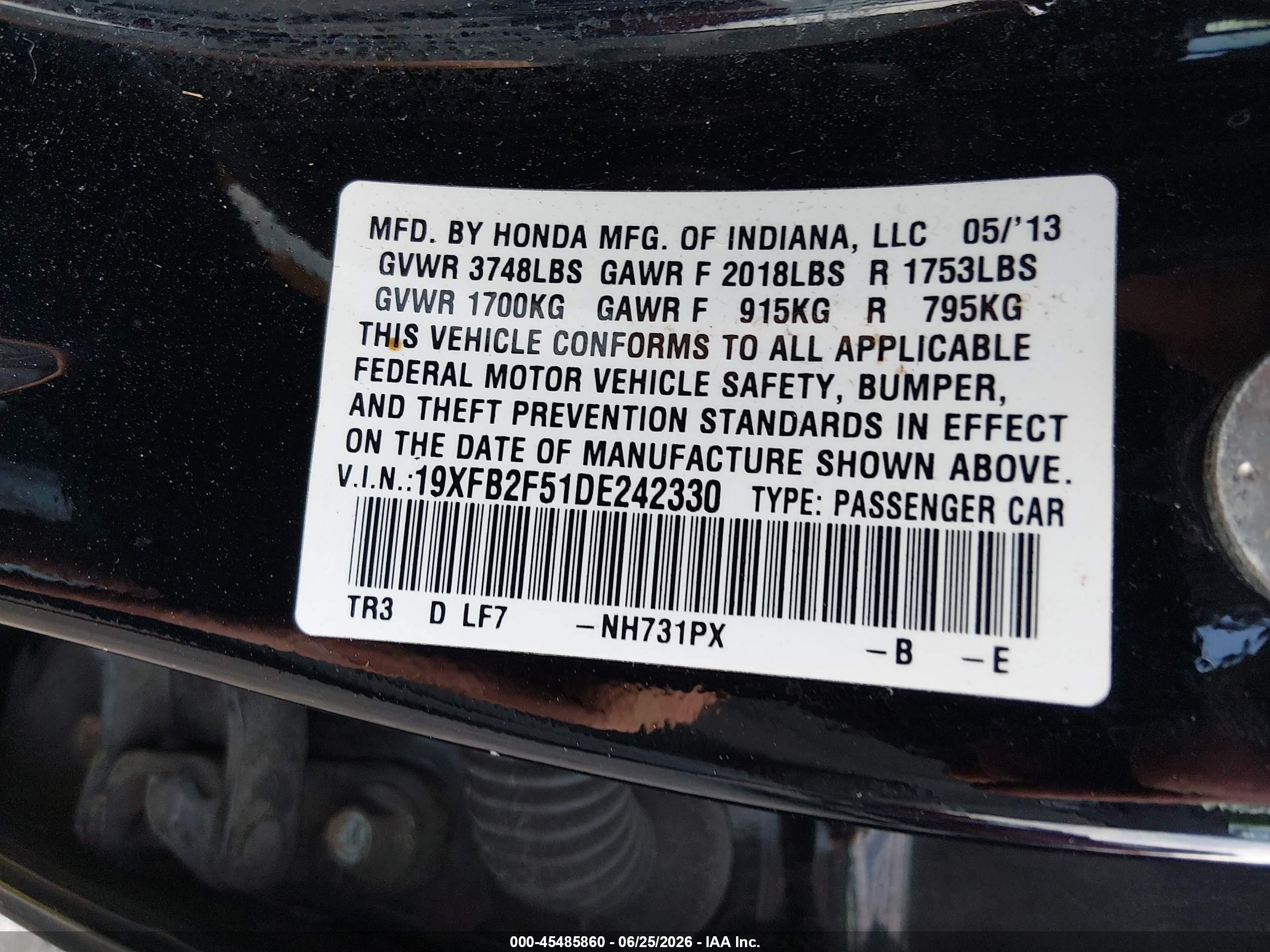 2013 Honda Civic Lx Black vin: 19XFB2F51DE242330