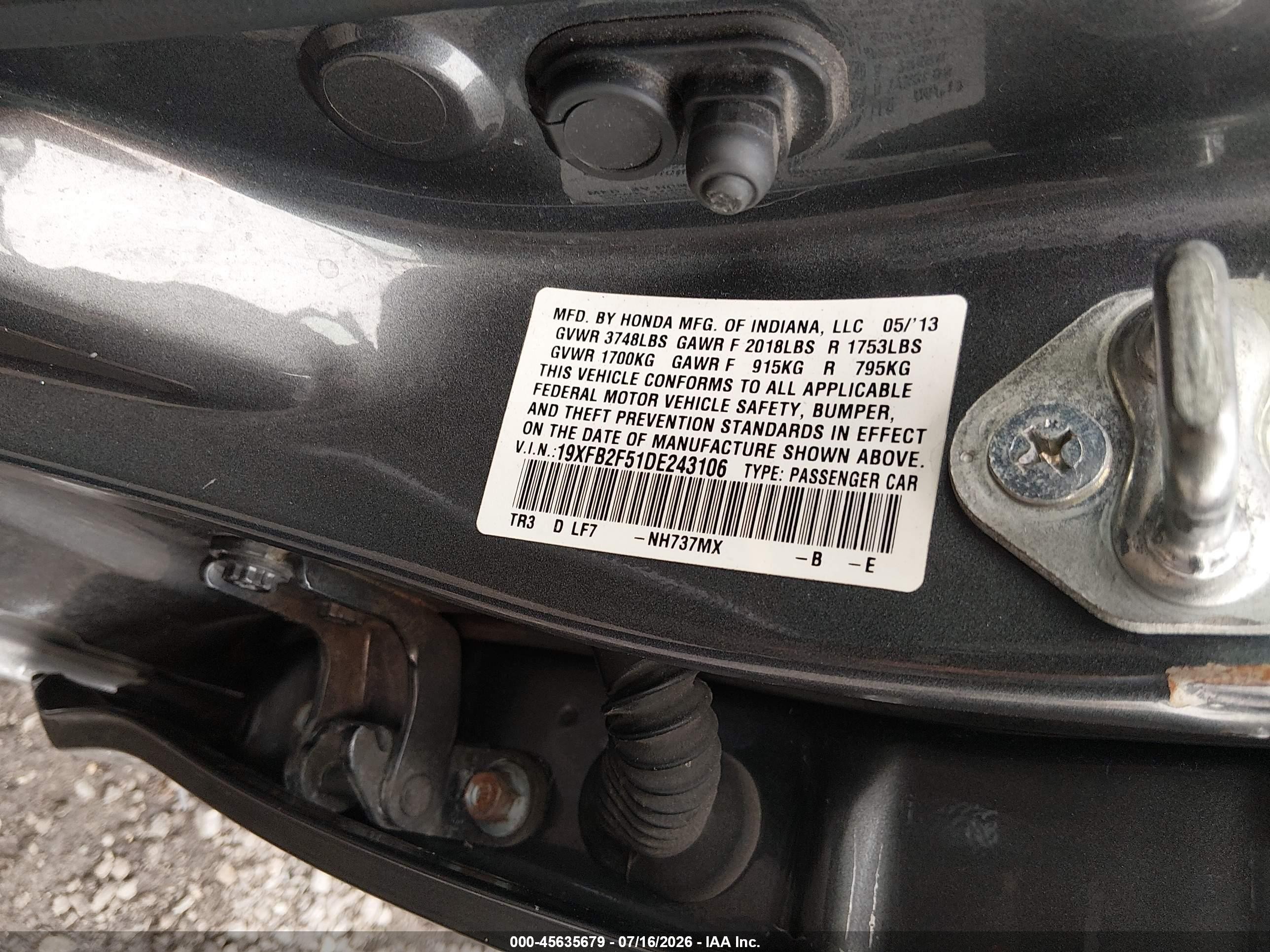 2013 Honda Civic Lx Серый vin: 19XFB2F51DE243106