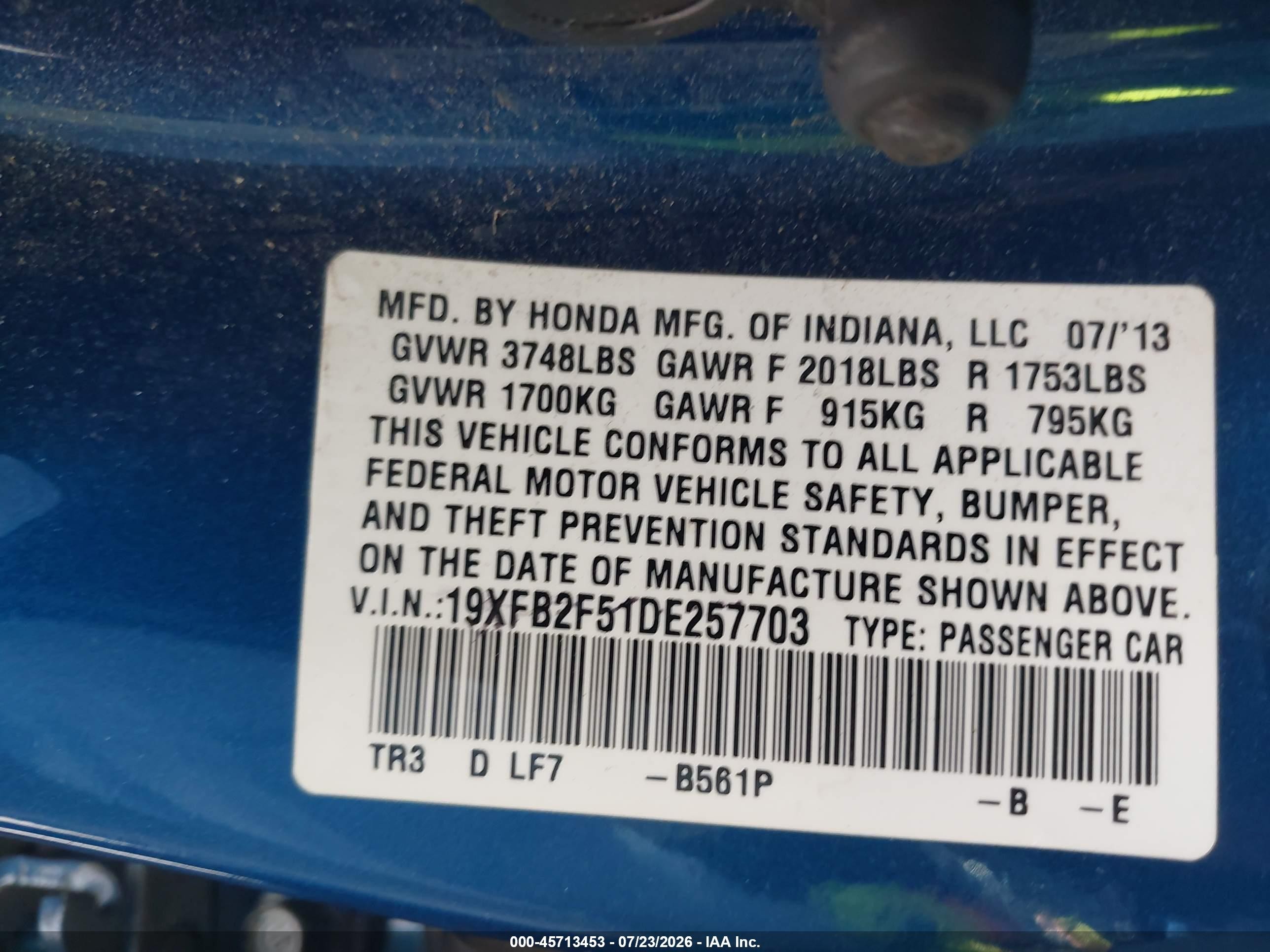 2013 Honda Civic Lx Blue vin: 19XFB2F51DE257703