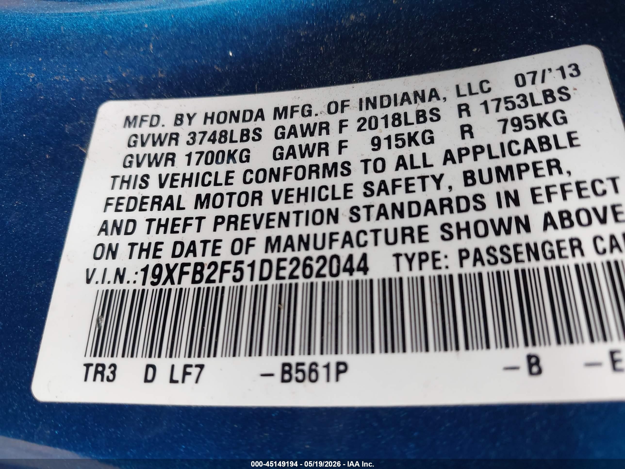 2013 Honda Civic Lx Blue vin: 19XFB2F51DE262044