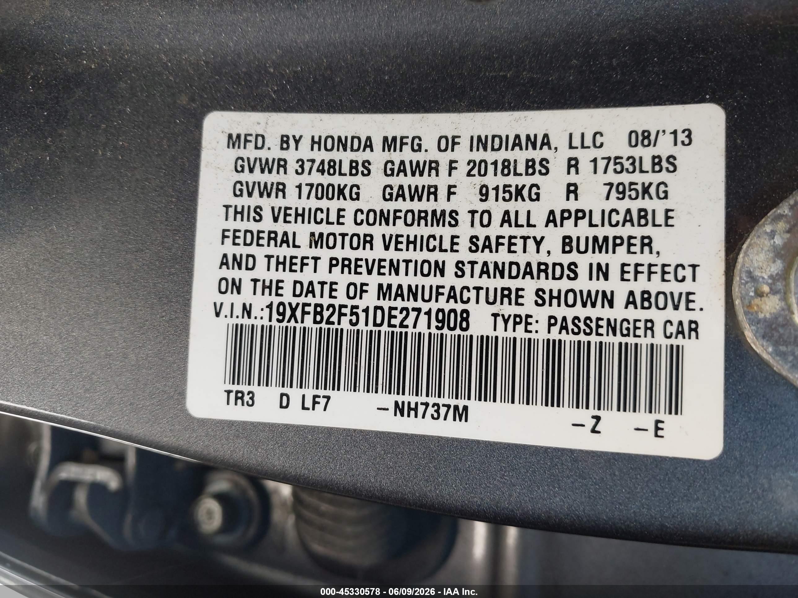 2013 Honda Civic Lx Серый vin: 19XFB2F51DE271908