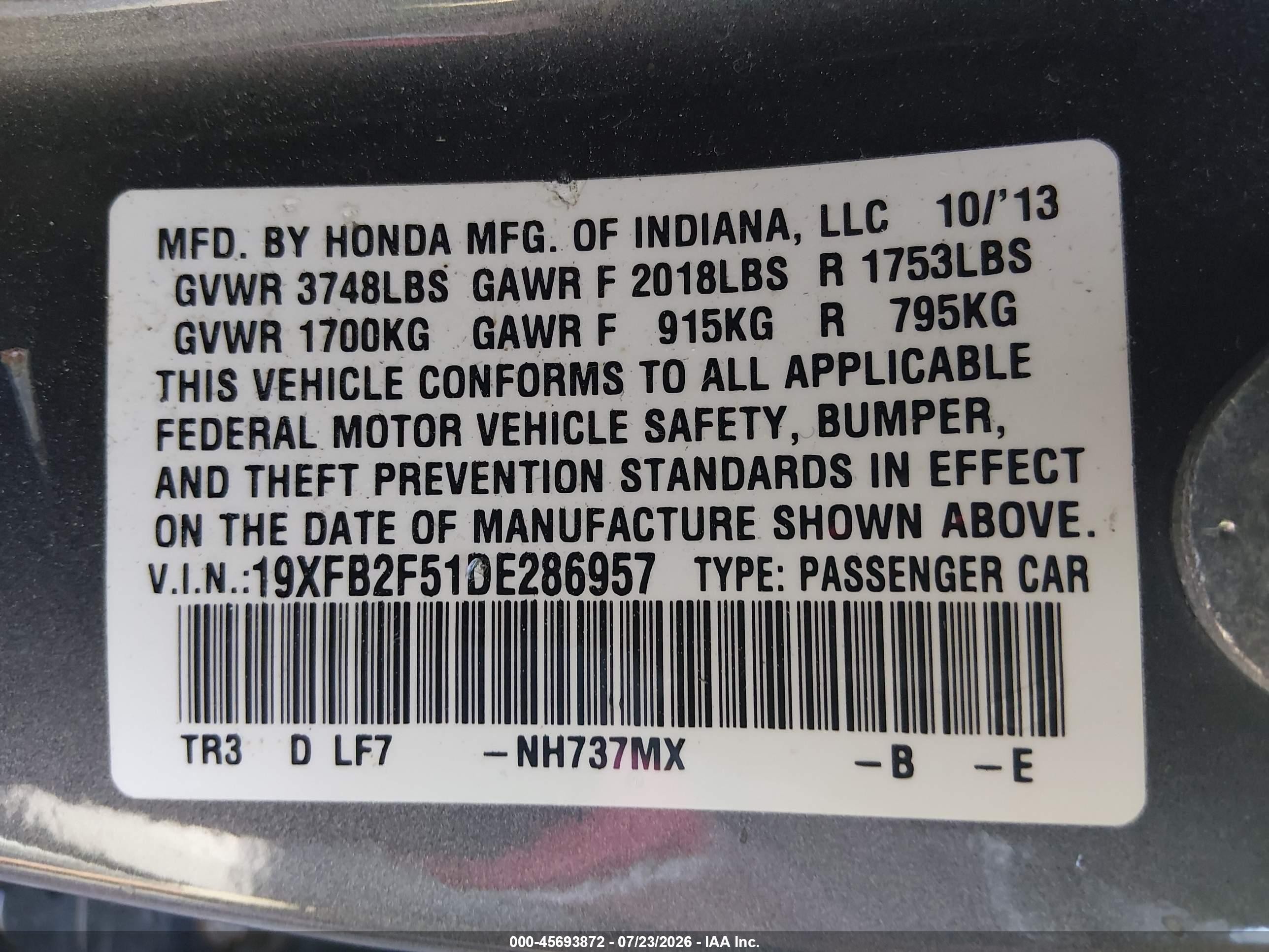 2013 Honda Civic Lx Серый vin: 19XFB2F51DE286957