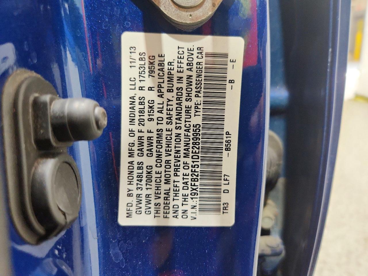 2013 Honda Civic Lx Blue vin: 19XFB2F51DE289955