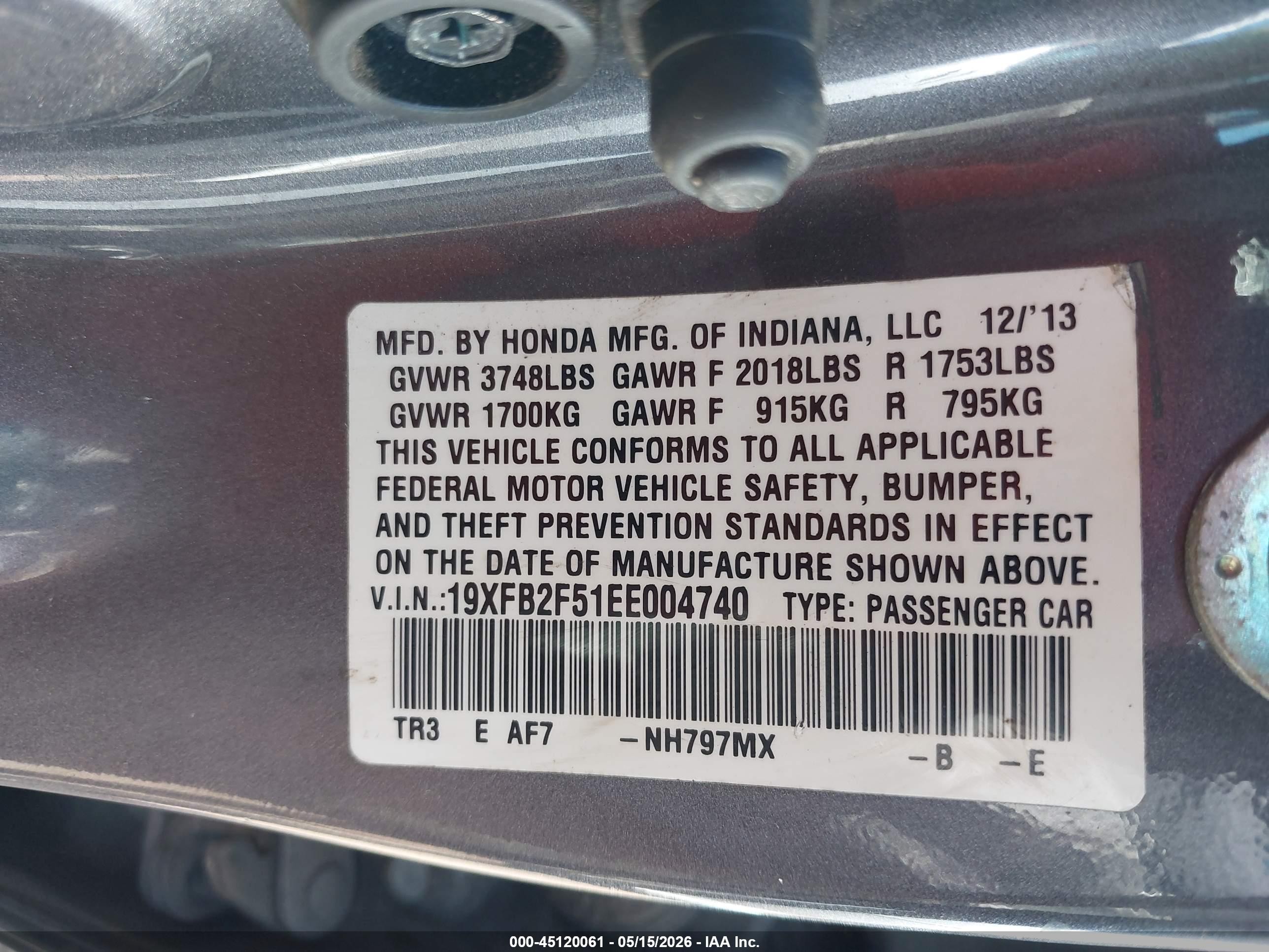 2014 Honda Civic Lx Gray vin: 19XFB2F51EE004740