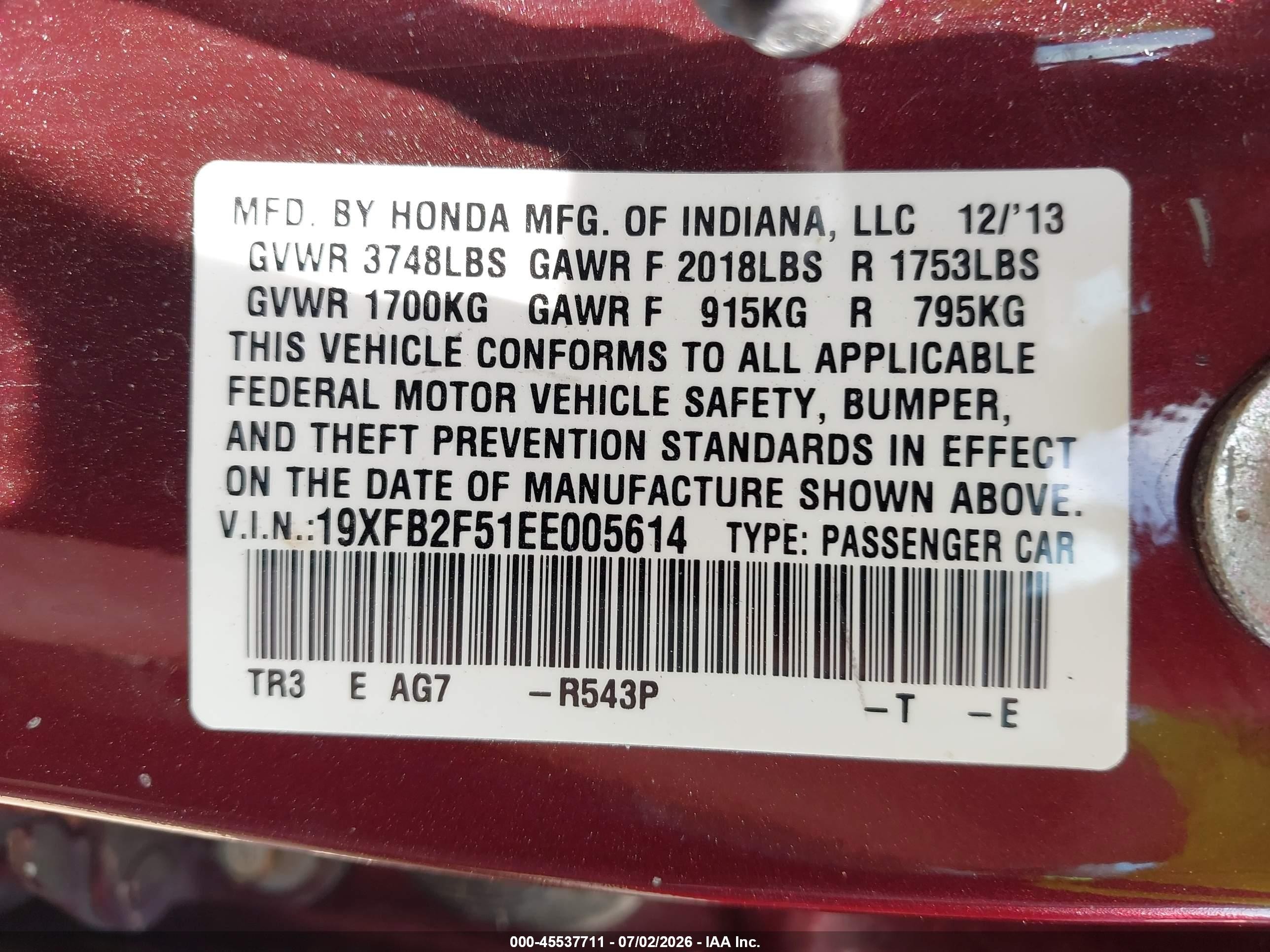 2014 Honda Civic Lx Maroon vin: 19XFB2F51EE005614