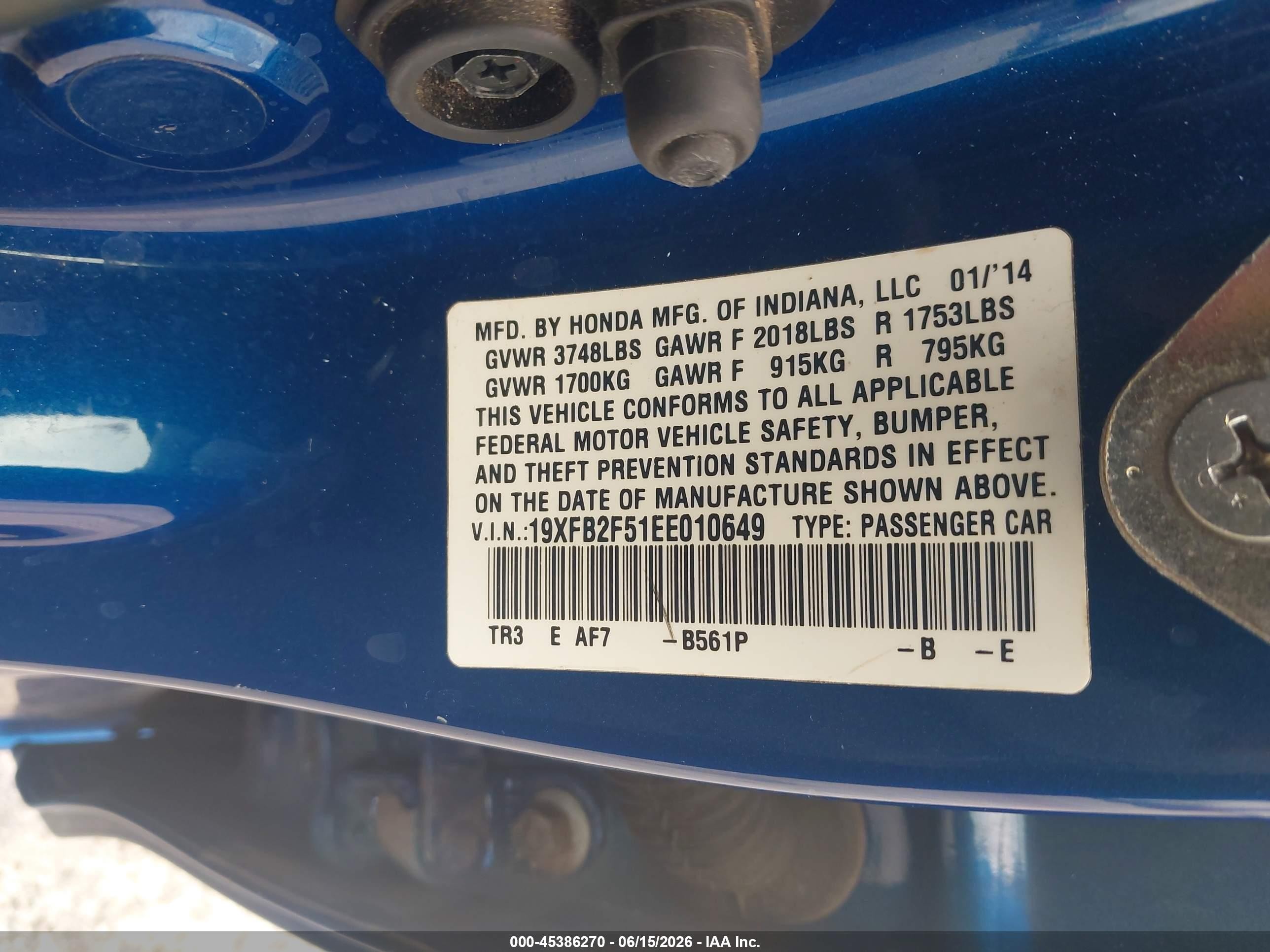 2014 Honda Civic Lx Blue vin: 19XFB2F51EE010649